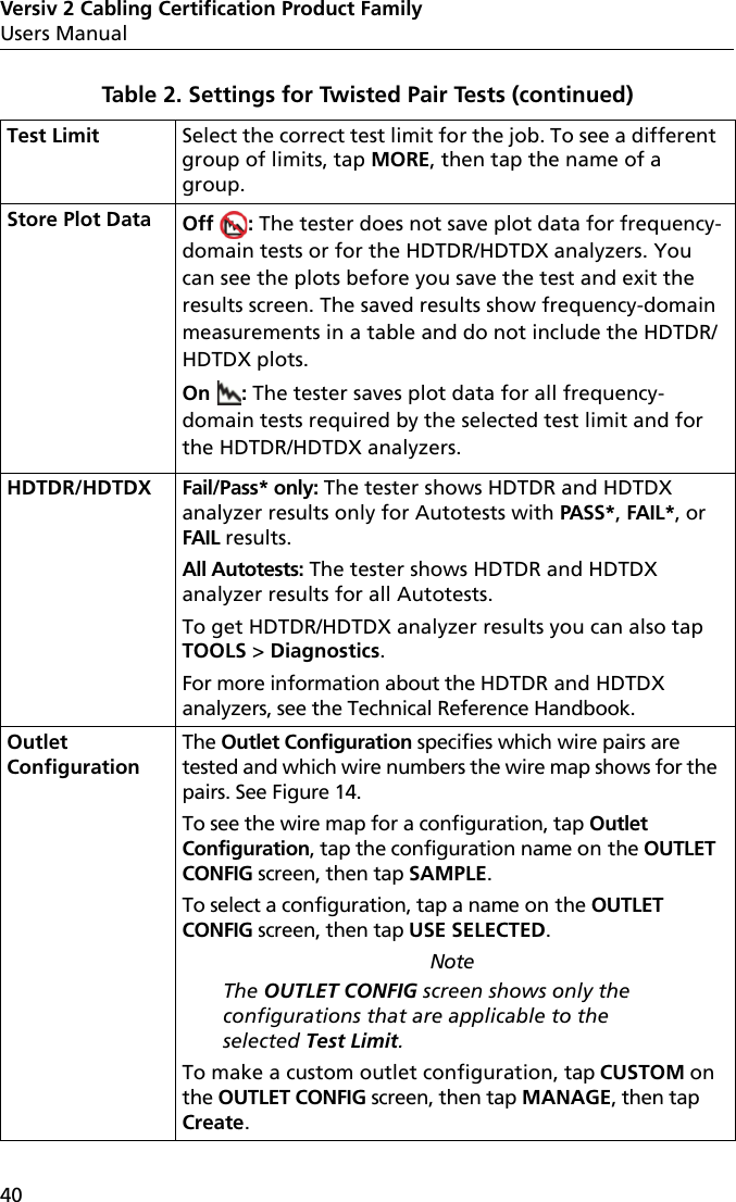 Versiv 2 Cabling Certification Product FamilyUsers Manual40Test Limit Select the correct test limit for the job. To see a different group of limits, tap MORE, then tap the name of a group. Store Plot Data Off : The tester does not save plot data for frequency-domain tests or for the HDTDR/HDTDX analyzers. You can see the plots before you save the test and exit the results screen. The saved results show frequency-domain measurements in a table and do not include the HDTDR/HDTDX plots.   On : The tester saves plot data for all frequency-domain tests required by the selected test limit and for the HDTDR/HDTDX analyzers. HDTDR/HDTDX Fail/Pass* only: The tester shows HDTDR and HDTDX analyzer results only for Autotests with PASS*, FAIL*, or FAIL results.All Autotests: The tester shows HDTDR and HDTDX analyzer results for all Autotests.To get HDTDR/HDTDX analyzer results you can also tap TOOLS &gt; Diagnostics.For more information about the HDTDR and HDTDX analyzers, see the Technical Reference Handbook.Outlet ConfigurationThe Outlet Configuration specifies which wire pairs are tested and which wire numbers the wire map shows for the pairs. See Figure 14. To see the wire map for a configuration, tap Outlet Configuration, tap the configuration name on the OUTLET CONFIG screen, then tap SAMPLE. To select a configuration, tap a name on the OUTLET CONFIG screen, then tap USE SELECTED. NoteThe OUTLET CONFIG screen shows only the configurations that are applicable to the selected Test Limit.To make a custom outlet configuration, tap CUSTOM on the OUTLET CONFIG screen, then tap MANAGE, then tap Create.Table 2. Settings for Twisted Pair Tests (continued)