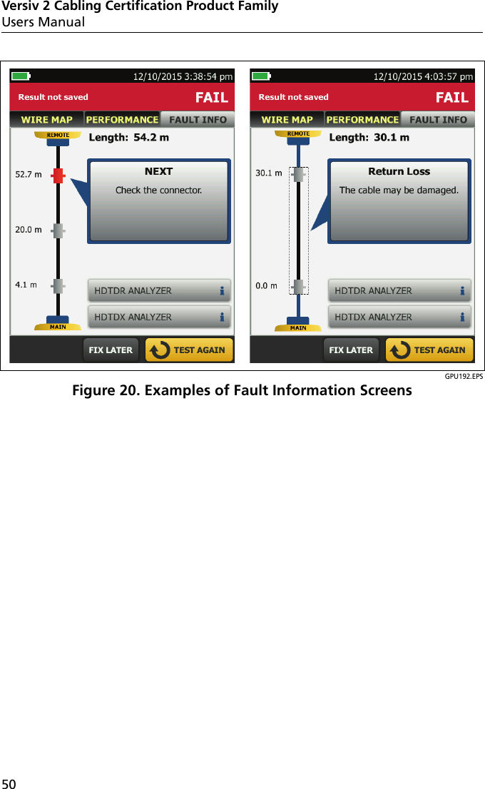 Versiv 2 Cabling Certification Product FamilyUsers Manual50GPU192.EPSFigure 20. Examples of Fault Information Screens