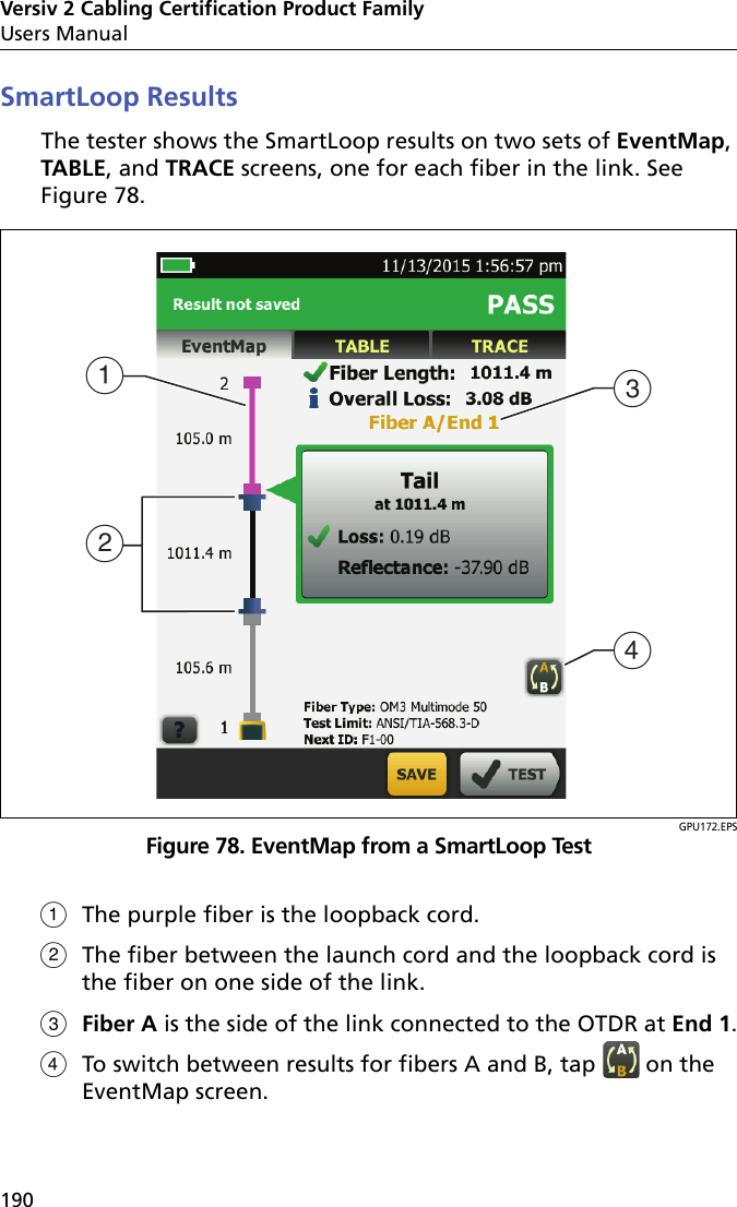 Versiv 2 Cabling Certification Product FamilyUsers Manual190SmartLoop ResultsThe tester shows the SmartLoop results on two sets of EventMap, TABLE, and TRACE screens, one for each fiber in the link. See Figure 78.GPU172.EPSFigure 78. EventMap from a SmartLoop TestThe purple fiber is the loopback cord.The fiber between the launch cord and the loopback cord is the fiber on one side of the link. Fiber A is the side of the link connected to the OTDR at End 1.To switch between results for fibers A and B, tap   on the EventMap screen.DBCA