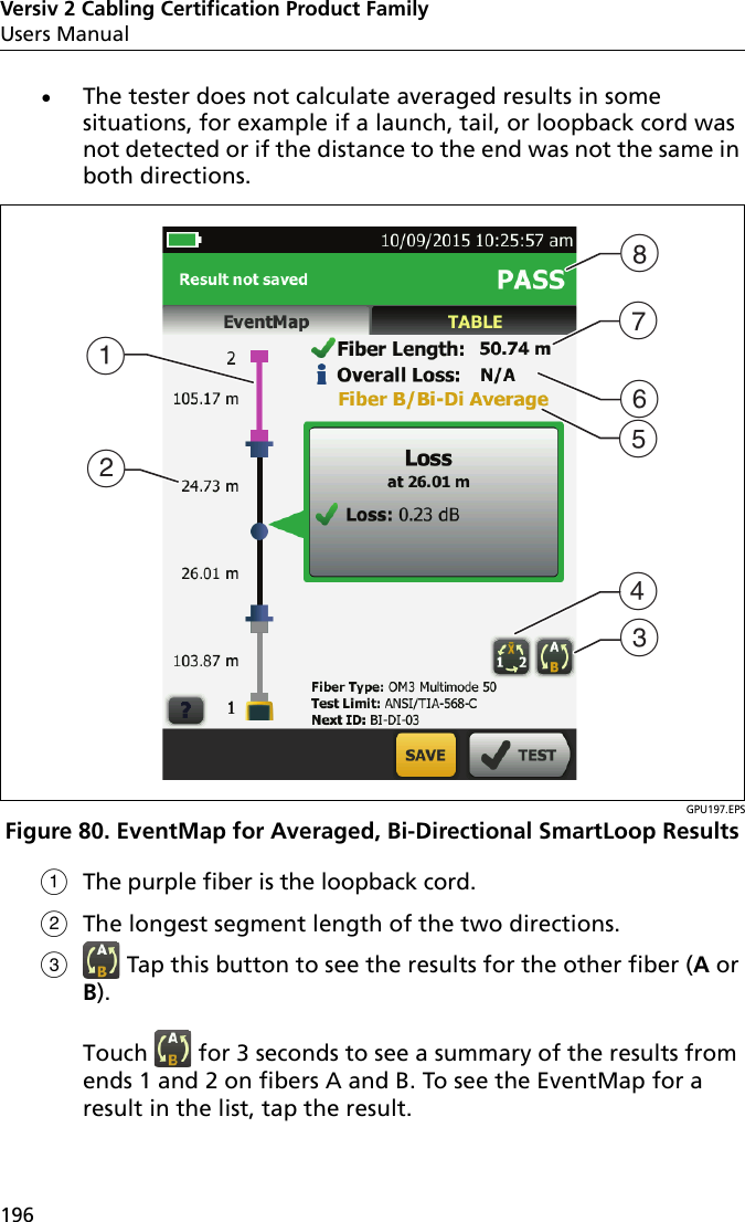 Versiv 2 Cabling Certification Product FamilyUsers Manual196The tester does not calculate averaged results in some situations, for example if a launch, tail, or loopback cord was not detected or if the distance to the end was not the same in both directions. GPU197.EPSFigure 80. EventMap for Averaged, Bi-Directional SmartLoop Results The purple fiber is the loopback cord.The longest segment length of the two directions. Tap this button to see the results for the other fiber (A or B).Touch   for 3 seconds to see a summary of the results from ends 1 and 2 on fibers A and B. To see the EventMap for a result in the list, tap the result.ABHFCDEG