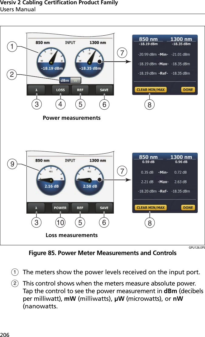 Versiv 2 Cabling Certification Product FamilyUsers Manual206GPU126.EPSFigure 85. Power Meter Measurements and ControlsThe meters show the power levels received on the input port. This control shows when the meters measure absolute power. Tap the control to see the power measurement in dBm (decibels per milliwatt), mW (milliwatts), µW (microwatts), or nW (nanowatts.JBAIFECFC D HEGGHPower measurementsLoss measurements
