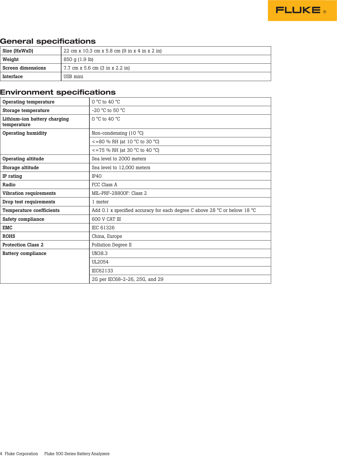 Page 4 of 5 - Fluke Fluke-500-Series-Data-Sheet- 500 Series Battery Analyzers  Fluke-500-series-data-sheet