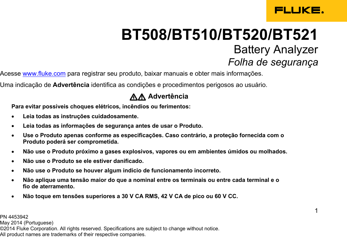 Page 1 of 10 - Fluke Fluke-500-Series-Users-Manual- BT508/BT510/BT520/BT521  Fluke-500-series-users-manual