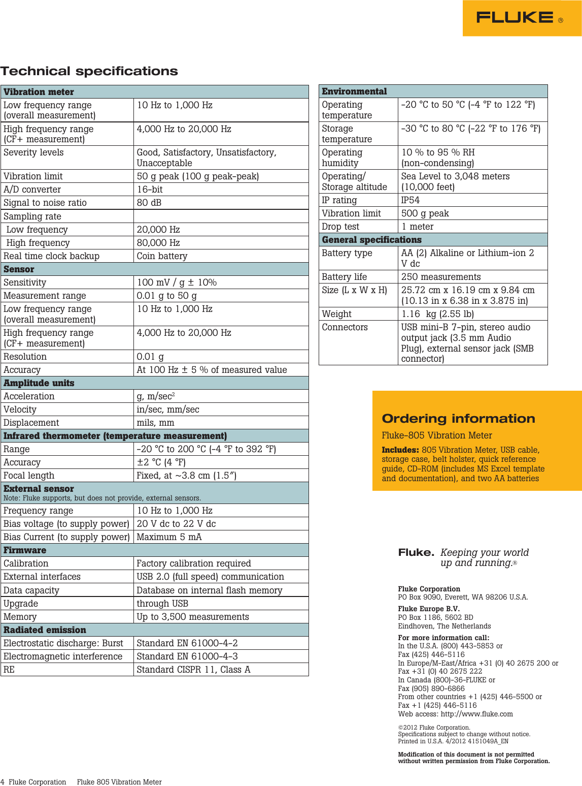 Page 4 of 4 - Fluke Fluke-805-Data-Sheet- 805 Vibration Meter  Fluke-805-data-sheet