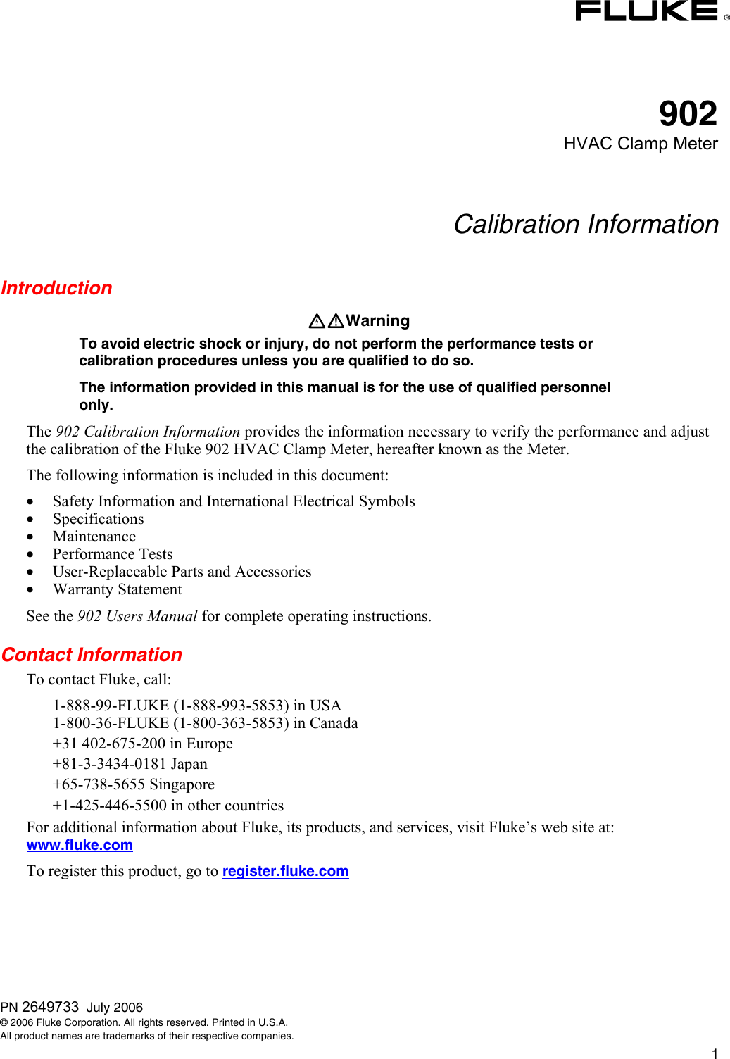 Page 1 of 12 - Fluke Fluke-902-Users-Manual 902_caltext