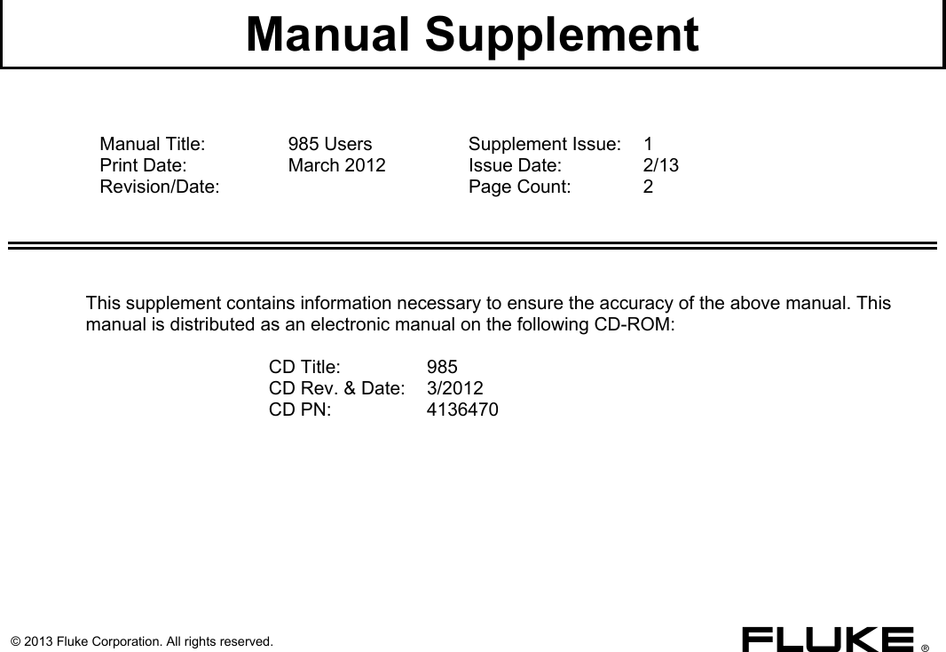 Page 1 of 3 - Fluke Fluke-985-Users-Manual MS1.
