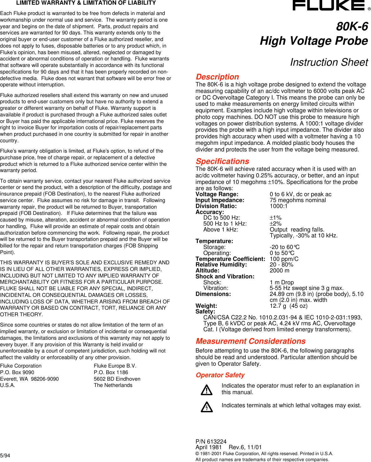 Page 1 of 2 - Fluke Fluke-Fluke-Thermometer-80K-6-Users-Manual 80K6