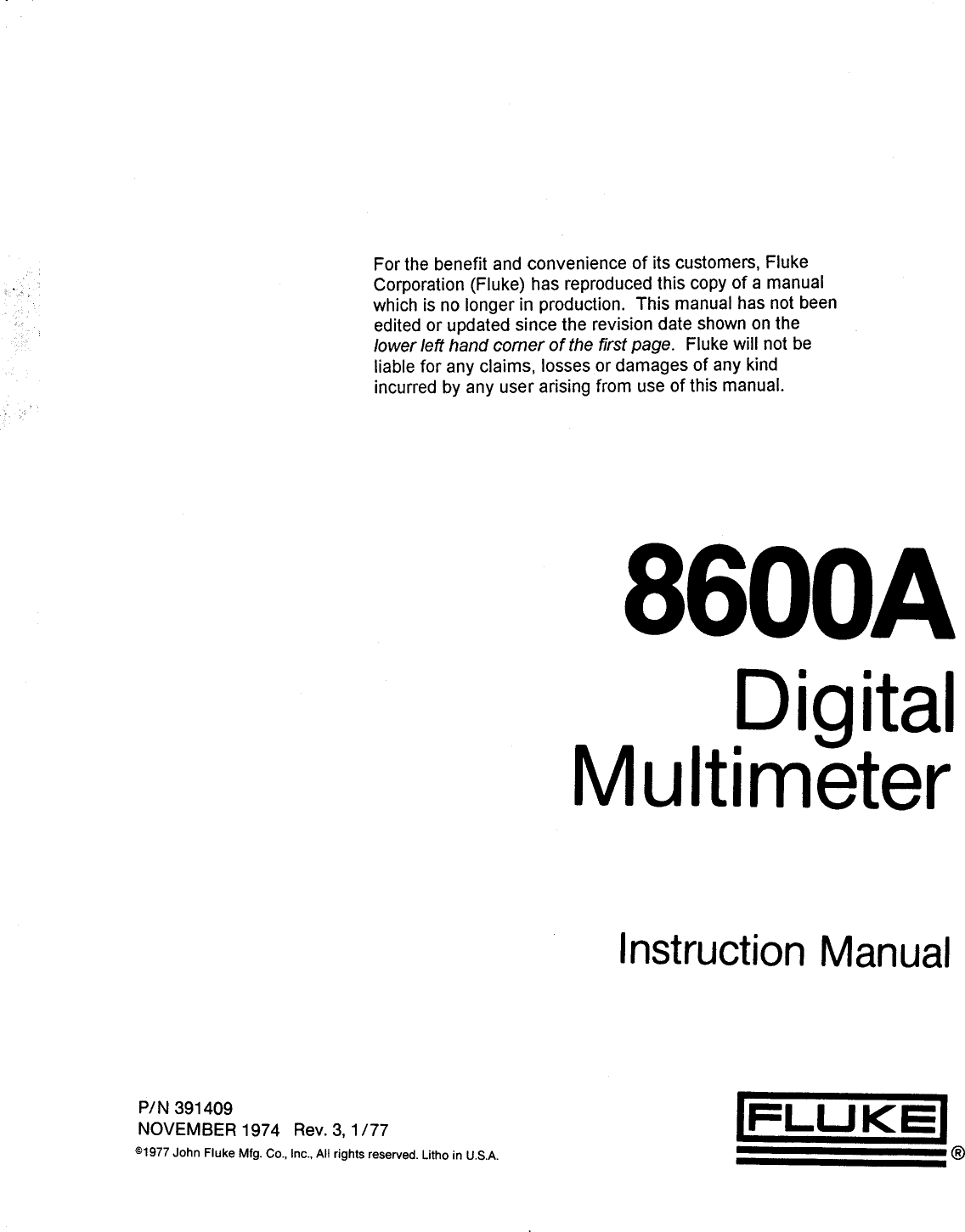 Fluke Video Game Keyboard 8600A Users Manual