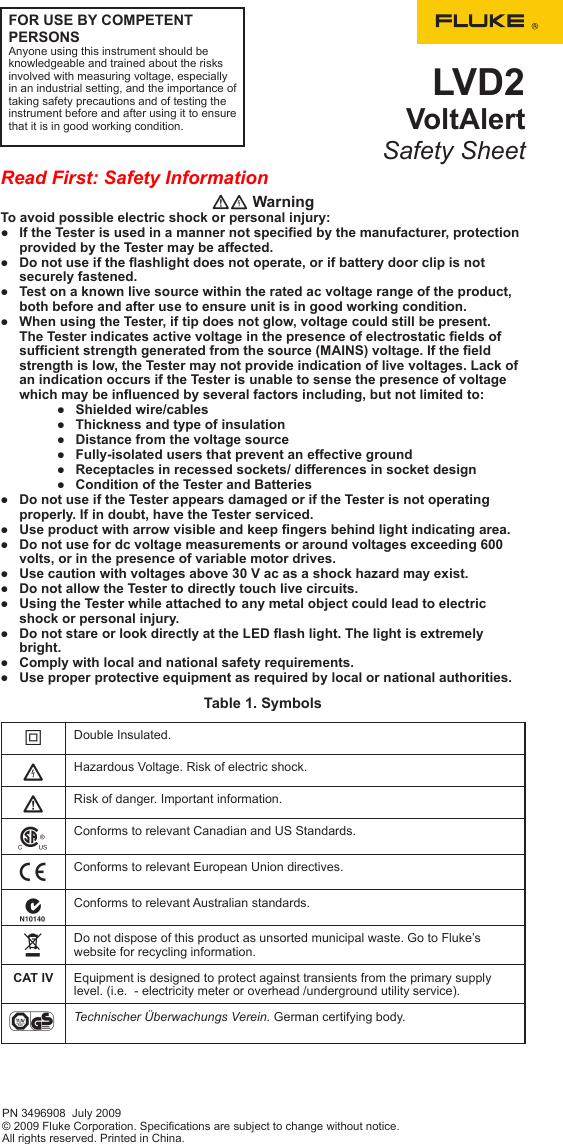 Page 1 of 2 - Fluke Fluke-Lvd2-Volt-Light-Users-Manual-  Fluke-lvd2-volt-light-users-manual