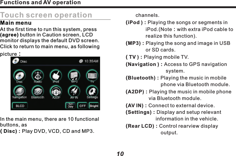 Touch screen operationMain menuAt the first time to run this system, press (agree) button in Caution screen, LCD monitor displays the default DVD screen.Click to return to main menu, as following picture：In the main menu, there are 10 functional buttons, as ( Disc) Play DVD, VCD, CD and MP3.：10　　channels.(iPod )：Playing the songs or segments in 　　　　　iPod.(Note：with extra iPod cable to      　　　　realize this function).：　　　　：：　　　　　　　　　：　　　　　　　　：　　　　  (AV IN)：Connect to external device.：　　　　　　　　(Rear LCD)：Control rearview display 　　　　　　　　　　output.　　　　　　　　 　　(MP3) Playing the song and image in USB      or SD cards.( TV ) Playing mobile TV.(Navigation ) Access to GPS navigation system.(Bluetooth) Playing the music in mobile   phone via Bluetooth module.(A2DP) Playing the music in mobile phone      via Bluetooth module.(Settings) Display and setup relevant information in the vehicle.    Functions and AV operation Functions and AV operation11detailed setup, see the &ldquo;brake sensing&rdquo; setup in later pages(P-28).DVD Disc playbackWhen the following picture appears in the monitor, the way to insert Disc: see theprevious instruction of &ldquo;Insert and take out Disc (P-7).Insert Disc to auto access to playback screen. If this Disc is a DVD, you will see the following screen: 　   　　　　　　　　　　　　　　　　　　　　　          In this system, many functions are optional, and useable only when they are chosen. For detailed  please see optional function.1. Disc Playback    For safety reason, when watching the image on monitor, please stop your vehicle and take stopping brake. For (Day/Night)：Press (Day/Night) button to    　　　　　　　switch to night mode, button indicator will be on, screen is dark. Press(Day/night mode) again to switch to day mode.　(Off)(Dark)(Soft)(Bright)：Between day 　　　mode and non-day mode, user may     　　　choose 1 out of 4 display modes as 　　　　　needed. Caution：loperation, Caution:l