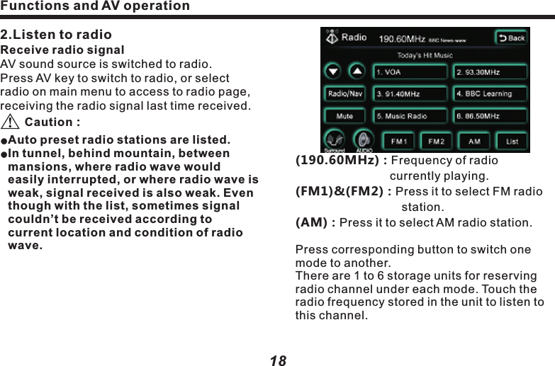Functions and AV operation19(190.60MHz)：Frequency of radio    　　　　　　　　　　　currently playing.(FM1)&amp;(FM2)：Press it to select FM radio 　　　　　　　　　station.(AM)：Press it to select AM radio station.Press corresponding button to switch one mode to another.There are 1 to 6 storage units for reserving radio channel under each mode. Touch the radio frequency stored in the unit to listen to this channel.(List )：Click it to access to radio navigation 　　　　and storage operation screen, as 　　　　　follows: 　　　　(Favorite)：Click to select the radio channel 　　　　　　found, and click (Favorite) to store the selected radio channel. If you'd like to delete one stored radio channel, please click the selected radio channel, and click (Favorite) button to delete it.Functions and AV operation182.Listen to radioReceive radio signalAV sound source is switched to radio.Press AV key to switch to radio, or select radio on main menu to access to radio page, receiving the radio signal last time received.      Auto preset radio stations are listed.In tunnel, behind mountain, between mansions, where radio wave would easily interrupted, or where radio wave is weak, signal received is also weak. Even though with the list, sometimes signal couldn&rsquo;t be received according to current location and condition of radio wave. Caution：ll(Clear): Delete all channels stored .( SCAN )：Auto scan radio frequency.      Caution：lWhen battery is disconnected or fuse is burn, the preset channels will be deleted.Search radio frequency：   Preset channel：Directly click on the 　　　　　　　　　　　radio channels stored in 　　　　　　　　　the list.Manual：1、Touch(      ) 、(      )Button to 　　　　　　    select the channels needed.               2、Turn &ldquo;radio tuning&rdquo; knob on the     　　　　　　panel to select the channel      　　　　　　　needed.  