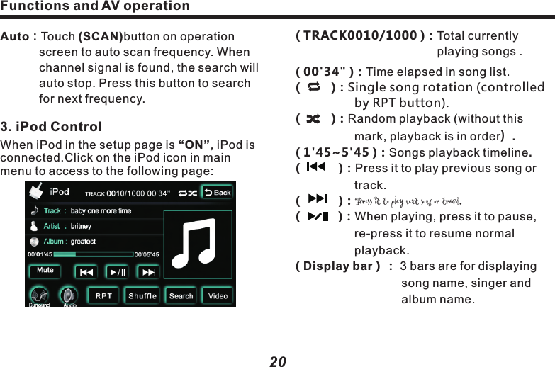 ( TRACK0010/1000 )：Total currently 　　　　　　　　　　　　　　playing songs .( 00'34" ) Time elapsed in song list.：(         )：Single song rotation (controlled 　　　　　by RPT button).(         )：Random playback (without this 　　　　　　　mark, playback is in order）.( 1'45~5'45 )：Songs playback timeline.(           )：Press it to play previous song or 　　　　　　track.　　(           )：Press it to play next song or track.(           )：When playing, press it to pause, 　　　　　　re-press it to resume normal    　　　　　　　playback.( Display bar）： 3 bars are for displaying 　　　　　　　　　　song name, singer and   　　　　　　　　　　album name.                       　　　　　　　　　　　　Functions and AV operation( RPT )Press it to switch to rotating playback mode.( Shuffle )Press it to switch to random play back mode.：  　　　　　　　　：  　　　　　　     ( Search )： Click it to access to playback 　　　　　　　 list. "Song navigation "：Press(Prev)  　　　　　　(Next)button to turn the page.As following picture：&ldquo;    　       &rdquo;：Return to iPod folder page.&ldquo;      Back  &rdquo;： Return to page setup.21Auto：Touch (SCAN)button on operation    　　　 screen to auto scan frequency. When       　　　 channel signal is found, the search will   　　　 auto stop. Press this button to search  　　　 for next frequency.3. iPod ControlWhen iPod in the setup page is &ldquo;ON&rdquo;, iPod is connected.Click on the iPod icon in main menu to access to the following page:Functions and AV operation20( Video )：Press it to access to video page.(　  　 )： Press it to play previous song or 　　　　　　track.　(          )：Fast backward control.(   　    )：When the Disc is inserted, press it 　　　　　to start playback; when in playback 　　　　　mode, press it to pause. When it&rsquo;s 　　　　　paused or stopped, press it to 　　　　　　　resume normal playback.　