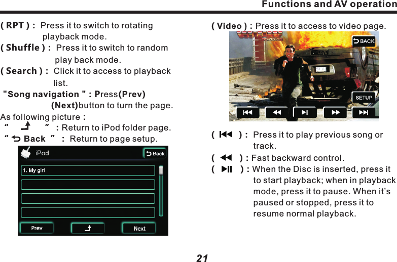 ( TRACK0010/1000 )：Total currently 　　　　　　　　　　　　　　playing songs .( 00'34" ) Time elapsed in song list.：(         )：Single song rotation (controlled 　　　　　by RPT button).(         )：Random playback (without this 　　　　　　　mark, playback is in order）.( 1'45~5'45 )：Songs playback timeline.(           )：Press it to play previous song or 　　　　　　track.　　(           )：Press it to play next song or track.(           )：When playing, press it to pause, 　　　　　　re-press it to resume normal    　　　　　　　playback.( Display bar）： 3 bars are for displaying 　　　　　　　　　　song name, singer and   　　　　　　　　　　album name.                       　　　　　　　　　　　　Functions and AV operation( RPT )Press it to switch to rotating playback mode.( Shuffle )Press it to switch to random play back mode.：  　　　　　　　　：  　　　　　　     ( Search )： Click it to access to playback 　　　　　　　 list. "Song navigation "：Press(Prev)  　　　　　　(Next)button to turn the page.As following picture：&ldquo;    　       &rdquo;：Return to iPod folder page.&ldquo;      Back  &rdquo;： Return to page setup.21Auto：Touch (SCAN)button on operation    　　　 screen to auto scan frequency. When       　　　 channel signal is found, the search will   　　　 auto stop. Press this button to search  　　　 for next frequency.3. iPod ControlWhen iPod in the setup page is &ldquo;ON&rdquo;, iPod is connected.Click on the iPod icon in main menu to access to the following page:Functions and AV operation20( Video )：Press it to access to video page.(　  　 )： Press it to play previous song or 　　　　　　track.　(          )：Fast backward control.(   　    )：When the Disc is inserted, press it 　　　　　to start playback; when in playback 　　　　　mode, press it to pause. When it&rsquo;s 　　　　　paused or stopped, press it to 　　　　　　　resume normal playback.　