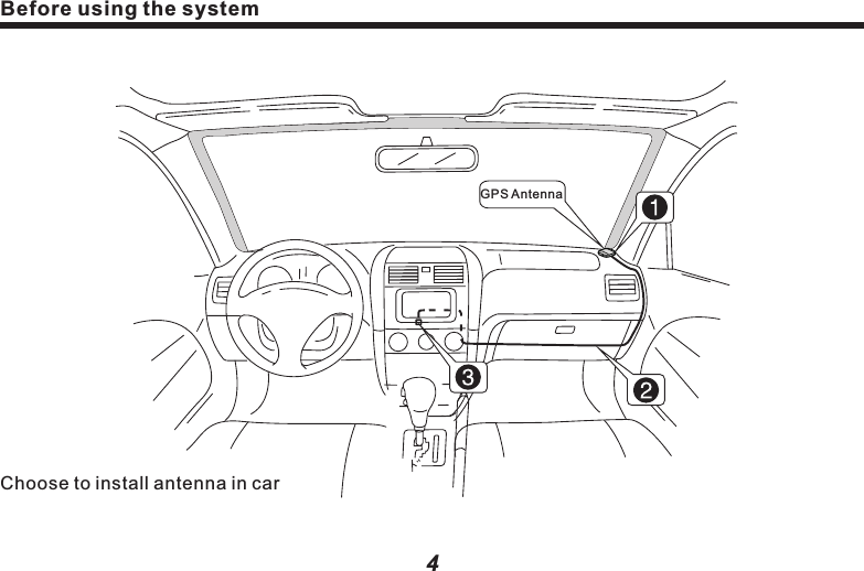 Choose to install antenna in car4Before using the systemBefore using the systemGPS Antenna5Preparation before use1. Power on/offTurn on the ACC of the vehicle to on or start the engine, this machine will be automatically powered on and started. Starting picture appears on the monitor. A few seconds later, the following prompting box appears:Press (AGREE) button to access to the screen last time turning off, turn OFF ACC (turn off engine) to shut down power, the machine will auto save current page&mdash;to which would be auto accessed when next time booting.      For safety reason, the machine is designed for not being able to conduct complicated operations like destination setup while driving. Please pull over the vehicle at a safe place, take stopping brake, and conduct operation. Driver shouldn&rsquo;t conduct such operation while driving.Warning:2. Installation stepslCheck if the installation accessories are complete.lPlease dismantle the original Hi-Fi.lFasten the positioning bolt and positioning rubber cap onto the mainframe of the navigation system. (Some machines models are not equipped with positioning bolt and positioning rubber cap, so it&rsquo;s no need to install).         lUse the accessory special converting  