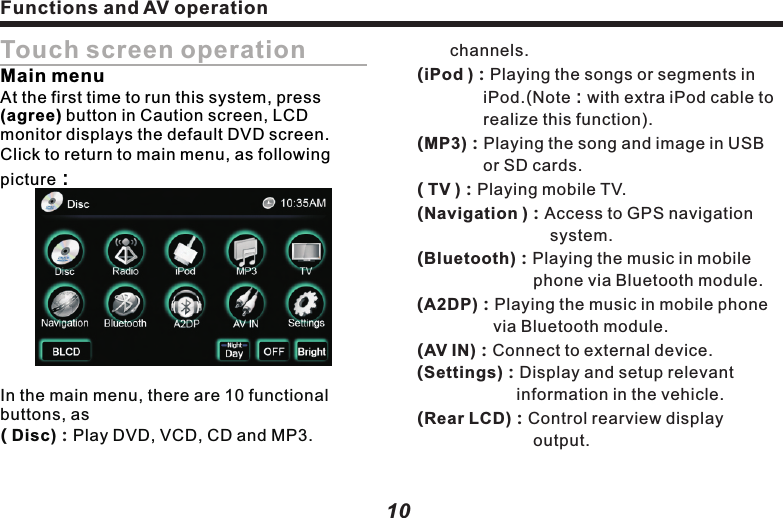 Touch screen operationMain menuAt the first time to run this system, press (agree) button in Caution screen, LCD monitor displays the default DVD screen.Click to return to main menu, as following picture：In the main menu, there are 10 functional buttons, as ( Disc) Play DVD, VCD, CD and MP3.：10　　channels.(iPod )：Playing the songs or segments in 　　　　　iPod.(Note：with extra iPod cable to      　　　　realize this function).：　　　　：：　　　　　　　　　：　　　　　　　　：　　　　  (AV IN)：Connect to external device.：　　　　　　　　(Rear LCD)：Control rearview display 　　　　　　　　　　output.　　　　　　　　 　　(MP3) Playing the song and image in USB      or SD cards.( TV ) Playing mobile TV.(Navigation ) Access to GPS navigation system.(Bluetooth) Playing the music in mobile   phone via Bluetooth module.(A2DP) Playing the music in mobile phone      via Bluetooth module.(Settings) Display and setup relevant information in the vehicle.    Functions and AV operation Functions and AV operation11detailed setup, see the &ldquo;brake sensing&rdquo; setup in later pages(P-28).DVD Disc playbackWhen the following picture appears in the monitor, the way to insert Disc: see theprevious instruction of &ldquo;Insert and take out Disc (P-7).Insert Disc to auto access to playback screen. If this Disc is a DVD, you will see the following screen: 　   　　　　　　　　　　　　　　　　　　　　　          In this system, many functions are optional, and useable only when they are chosen. For detailed  please see optional function.1. Disc Playback    For safety reason, when watching the image on monitor, please stop your vehicle and take stopping brake. For (Day/Night)：Press (Day/Night) button to    　　　　　　　switch to night mode, button indicator will be on, screen is dark. Press(Day/night mode) again to switch to day mode.　(Off)(Dark)(Soft)(Bright)：Between day 　　　mode and non-day mode, user may     　　　choose 1 out of 4 display modes as 　　　　　needed. Caution：loperation, Caution:l