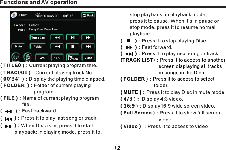 　　stop playback; in playback mode,  　　　　　press it to pause. When it&rsquo;s in pause or 　　　stop mode, press it to resume normal 　　　playback.(      )：Press it to stop playing Disc.(         )：Fast forward.(         )：Press it to play next song or track.： 　　　　　　　　　(  ：Press it to play Disc in mute mode.：：：　　　　　　　　： 　　　(TRACK LIST)：Press it to access to another 　　　　　　　　screen displaying all tracks    　　　　　　　　or songs in the Disc.( FOLDER )Press it to access to select folder.MUTE )( 4/3 )  Display 4:3 video.( 16:9 ) Display16:9 wide screen video.( Full Screen ) Press it to show full screen video.( Video）Press it to access to video Functions and AV operation12( TITLE0 )：Current playing program title.　( TRAC001 )：Current playing track No.( 00'34" )：Display the playing time elapsed.( FOLDER  )：Folder of current playing 　　　　　　　　　program.( FILE )：Name of current playing program 　　　　　  file.(          )：Fast backward(         )：Press it to play last song or track(         )：When Disc is in, press it to start 　　　　　playback; in playing mode, press it to.       ..Functions and AV operation 　　it when playing to switch to different 　　　　subtitles (multiple subtitles).　　　　　　( SETUP )：Adjust video color, contrast, 　　　　　　　　chroma and brightness, as 　　　　　　　　following picture:( - ) or  ( + )：Increase or decrease, adjust to 　　　　　　 appropriate visual effect.( MENU )：This is first level menu. If it&rsquo;s 　　　　　　　 playing, press it to pause and   　　　　　　 access to Disc main menu.　　operation and menu screen, as following 　　picture：( 0h2'30" )：Display elapsed playback time.( AUDIO  )：When using Disc recorded with 　　　　　　multiple sound tracks format，　　　　　　　press it when playing to switch to 　　　　　　sound tracks in different formats 　　　　　　(multiple format) .：　　　　　　　　　( SUBTITLE ) When using Disc recorded with multiple subtitles, press13