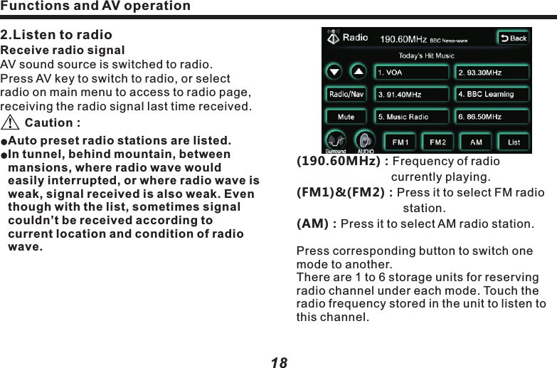 Functions and AV operation19(190.60MHz)：Frequency of radio    　　　　　　　　　　　currently playing.(FM1)&amp;(FM2)：Press it to select FM radio 　　　　　　　　　station.(AM)：Press it to select AM radio station.Press corresponding button to switch one mode to another.There are 1 to 6 storage units for reserving radio channel under each mode. Touch the radio frequency stored in the unit to listen to this channel.(List )：Click it to access to radio navigation 　　　　and storage operation screen, as 　　　　　follows: 　　　　(Favorite)：Click to select the radio channel 　　　　　　found, and click (Favorite) to store the selected radio channel. If you'd like to delete one stored radio channel, please click the selected radio channel, and click (Favorite) button to delete it.Functions and AV operation182.Listen to radioReceive radio signalAV sound source is switched to radio.Press AV key to switch to radio, or select radio on main menu to access to radio page, receiving the radio signal last time received.      Auto preset radio stations are listed.In tunnel, behind mountain, between mansions, where radio wave would easily interrupted, or where radio wave is weak, signal received is also weak. Even though with the list, sometimes signal couldn&rsquo;t be received according to current location and condition of radio wave. Caution：ll(Clear): Delete all channels stored .( SCAN )：Auto scan radio frequency.      Caution：lWhen battery is disconnected or fuse is burn, the preset channels will be deleted.Search radio frequency：   Preset channel：Directly click on the 　　　　　　　　　　　radio channels stored in 　　　　　　　　　the list.Manual：1、Touch(      ) 、(      )Button to 　　　　　　    select the channels needed.               2、Turn &ldquo;radio tuning&rdquo; knob on the     　　　　　　panel to select the channel      　　　　　　　needed.  