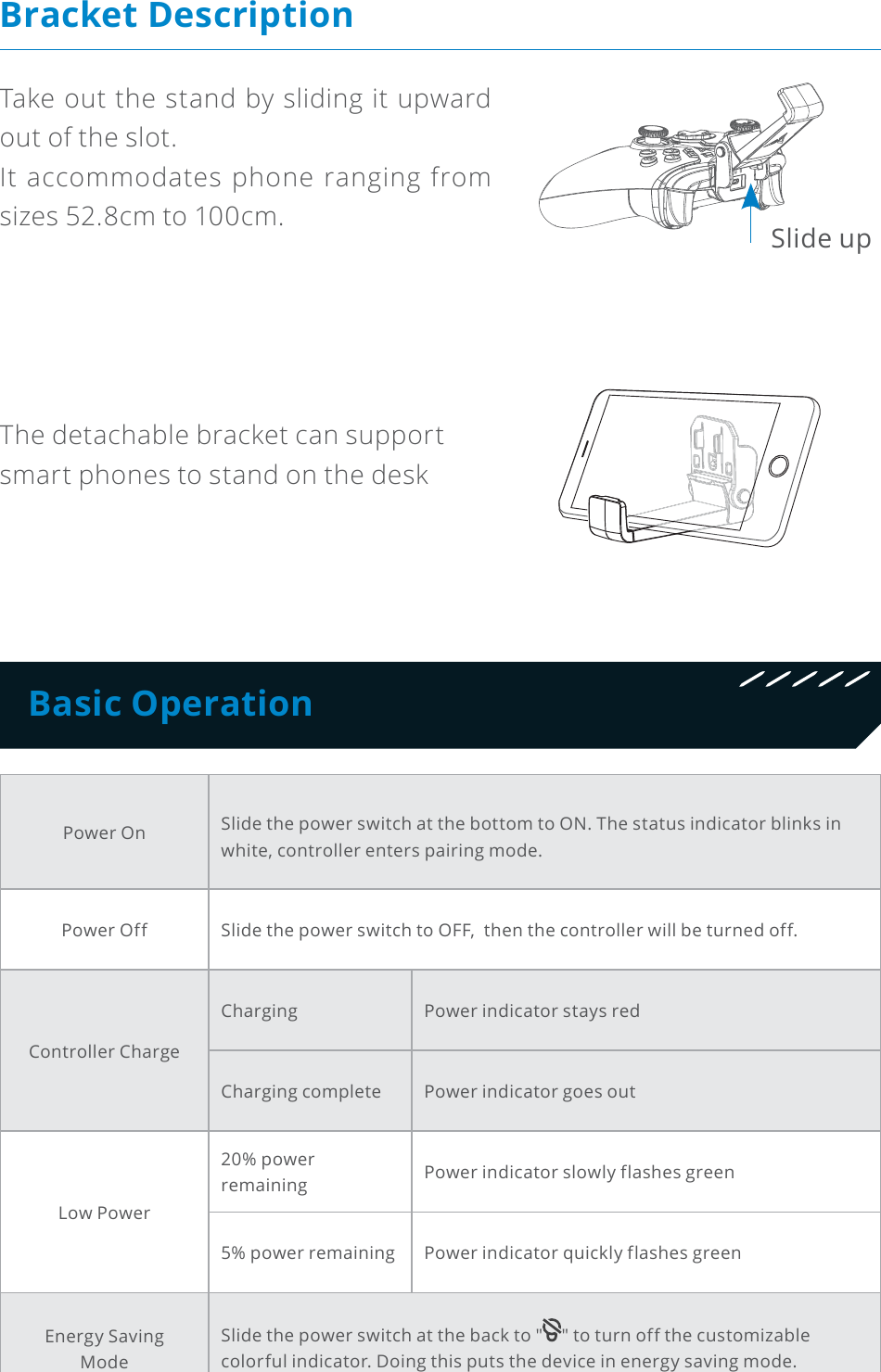 Basic OperationBracket Description Take out the stand by sliding it upward out of the slot. It accommodates phone ranging from sizes 52.8cm to 100cm.The detachable bracket can support smart phones to stand on the deskPower On Slide the power switch at the bottom to ON. The status indicator blinks in white, controller enters pairing mode.Power Off Slide the power switch to OFF,  then the controller will be turned off.Controller ChargeCharging Power indicator stays redCharging complete Power indicator goes outLow Power20% power remaining Power indicator slowly flashes green5% power remaining Power indicator quickly flashes greenEnergy Saving ModeSlide the power switch at the back to &quot; &quot; to turn off the customizable colorful indicator. Doing this puts the device in energy saving mode.Slide up