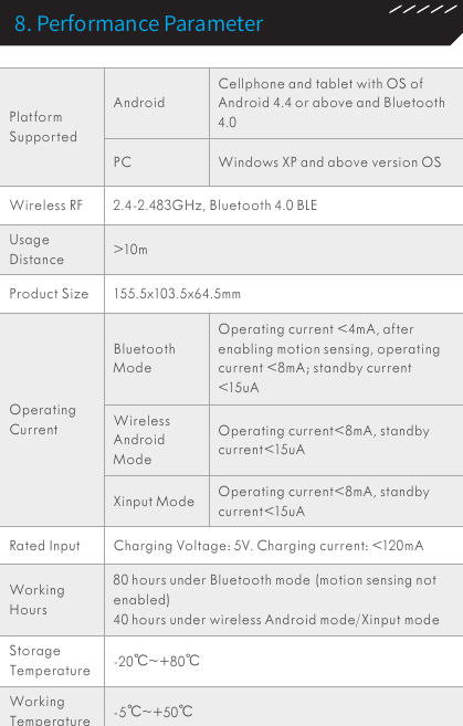 Platform SupportedAndroidCellphone and tablet with OS of Android 4.4 or above and Bluetooth 4.0 PC Windows XP and above version OSWireless RF 2.4-2.483GHz, Bluetooth 4.0 BLEUsage Distance  &gt;10mProduct Size 155.5x103.5x64.5mmOperating CurrentBluetooth ModeOperating current &lt;4mA, after enabling motion sensing, operating current &lt;8mA; standby current &lt;15uAWireless Android ModeOperating current&lt;8mA, standby current&lt;15uAXinput Mode Operating current&lt;8mA, standby current&lt;15uARated Input Charging Voltage: 5V. Charging current: &lt;120mAWorking Hours80 hours under Bluetooth mode (motion sensing not enabled)40 hours under wireless Android mode/Xinput modeStorage Temperature -20℃~+80℃Working Temperature -5℃~+50℃8. Performance Parameter