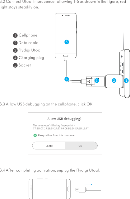 3.2 Connect Utool in sequence following 1-5 as shown in the figure, red light stays steadily on.CellphoneData cableFlydigi UtoolCharging plugSocket12345123453.3 Allow USB debugging on the cellphone, click OK.3.4 After completing activation, unplug the Flydigi Utool.