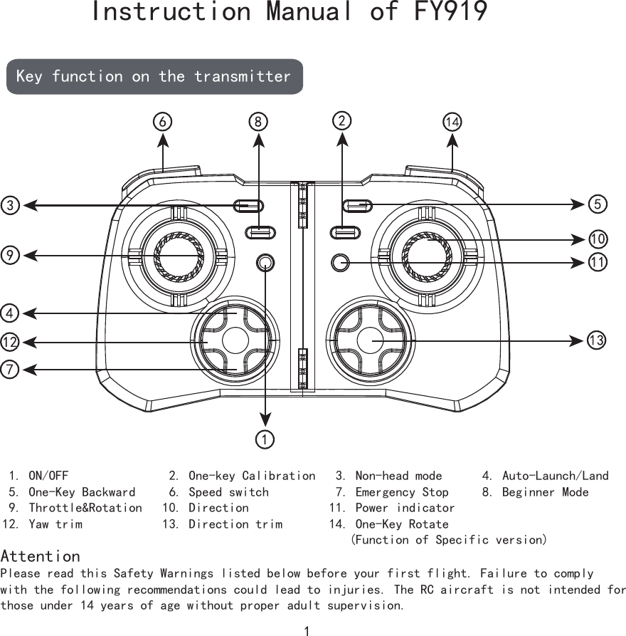 Instruction Manual of FY919Key function on the transmitter 1. ON/OFF               2. One-key Calibration   3. Non-head mode      4. Auto-Launch/Land 5. One-Key Backward     6. Speed switch          7. Emergency Stop     8. Beginner Mode 9. Throttle&amp;Rotation   10. Direction            11. Power indicator  12. Yaw trim            13. Direction trim       14. One-Key Rotate                                                     (Function of Specific version)AttentionPlease read this Safety Warnings listed below before your first flight. Failure to comply with the following recommendations could lead to injuries. The RC aircraft is not intended for those under 14 years of age without proper adult supervision.