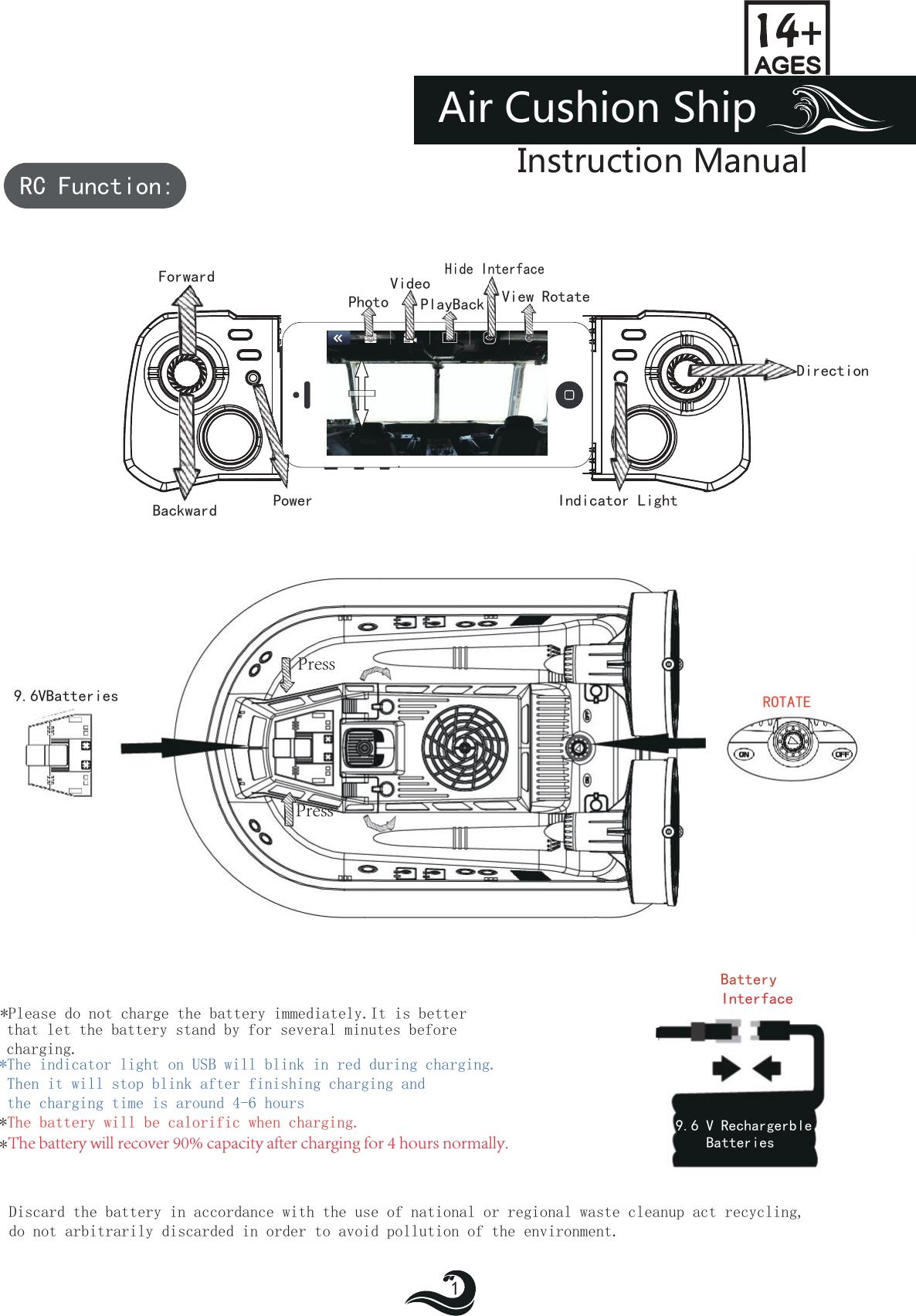 Air Cushion ShipInstruction ManualRC Function:ForwardHide InterfaceBackward PowerDirectionIndicator Light9.6VBatteries ROTATEDiscard the battery in accordance with the use of national or regional waste cleanup act recycling, do not arbitrarily discarded in order to avoid pollution of the environment.BatteryInterface9.6 V RechargerbleBatteries*Please do not charge the battery immediately.It is better that let the battery stand by for several minutes before  charging.*The battery will be calorific when charging. *1PhotoVideoPlayBack View RotatePressPress*The indicator light on USB will blink in red during charging. Then it will stop blink after finishing charging and  the charging time is around 4-6 hours The battery will recover 90% capacity after charging for 4 hours normally.