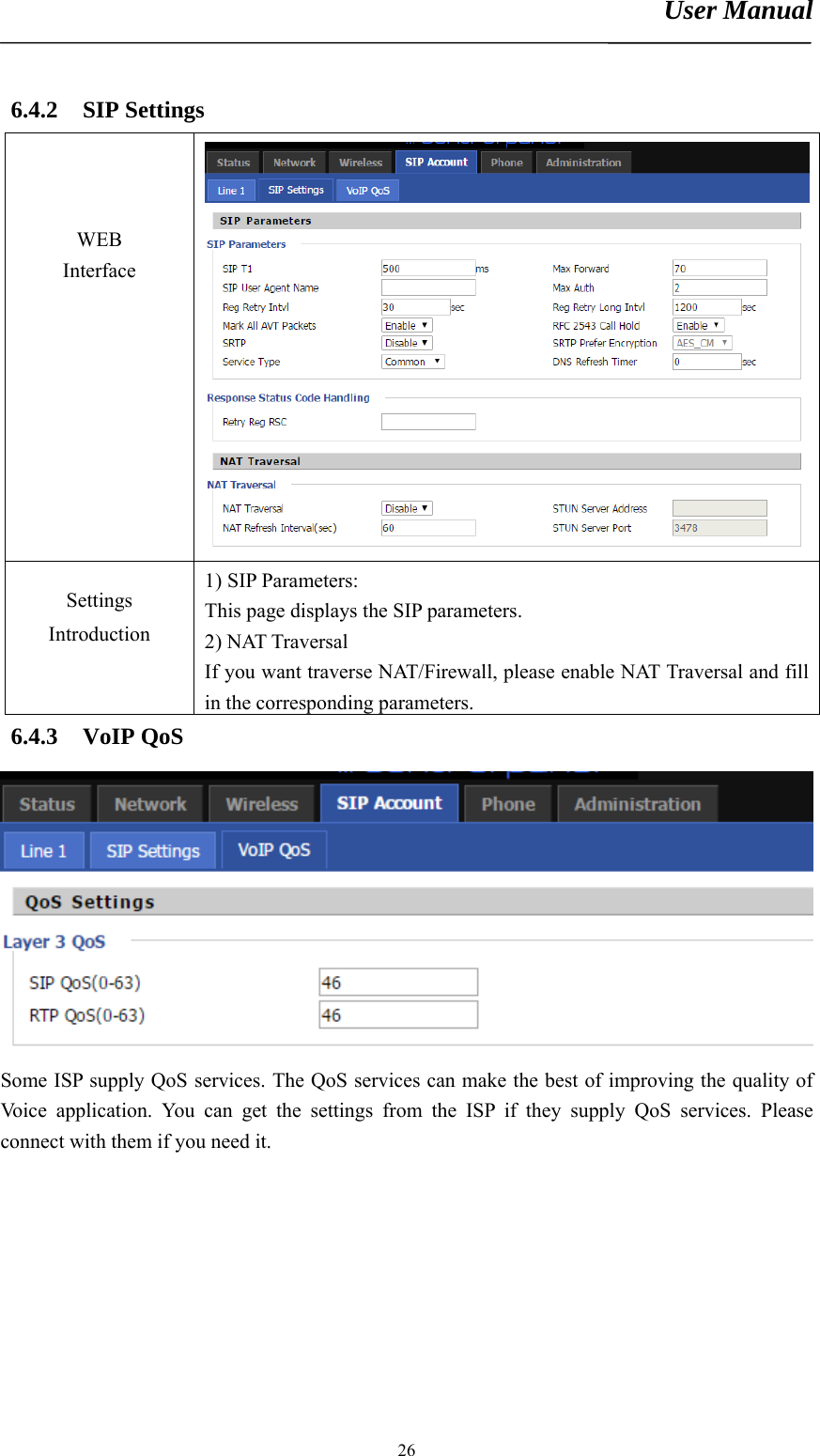 User Manual       266.4.2 SIP Settings    WEB Interface Settings Introduction 1) SIP Parameters: This page displays the SIP parameters. 2) NAT Traversal If you want traverse NAT/Firewall, please enable NAT Traversal and fill in the corresponding parameters. 6.4.3 VoIP QoS  Some ISP supply QoS services. The QoS services can make the best of improving the quality of Voice application. You can get the settings from the ISP if they supply QoS services. Please connect with them if you need it. 