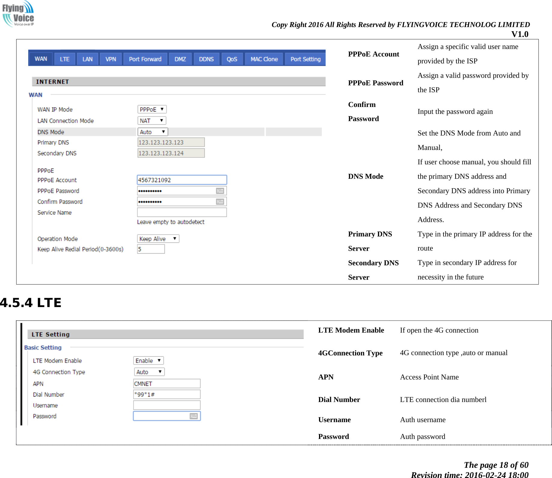                                                                Copy Right 2016 All Rights Reserved by FLYINGVOICE TECHNOLOG LIMITED V1.0 The page 18 of 60 Revision time: 2016-02-24 18:00      PPPoE Account Assign a specific valid user name provided by the ISP PPPoE Password Assign a valid password provided by the ISP Confirm Password Input the password again DNS Mode Set the DNS Mode from Auto and Manual, If user choose manual, you should fill the primary DNS address and Secondary DNS address into Primary DNS Address and Secondary DNS Address. Primary DNS Server Type in the primary IP address for the route Secondary DNS Server Type in secondary IP address for necessity in the future 4.5.4 LTE   LTE Modem Enable If open the 4G connection 4GConnection Type 4G connection type ,auto or manual APN Access Point Name Dial Number LTE connection dia numberl   Username Auth username   Password Auth password 