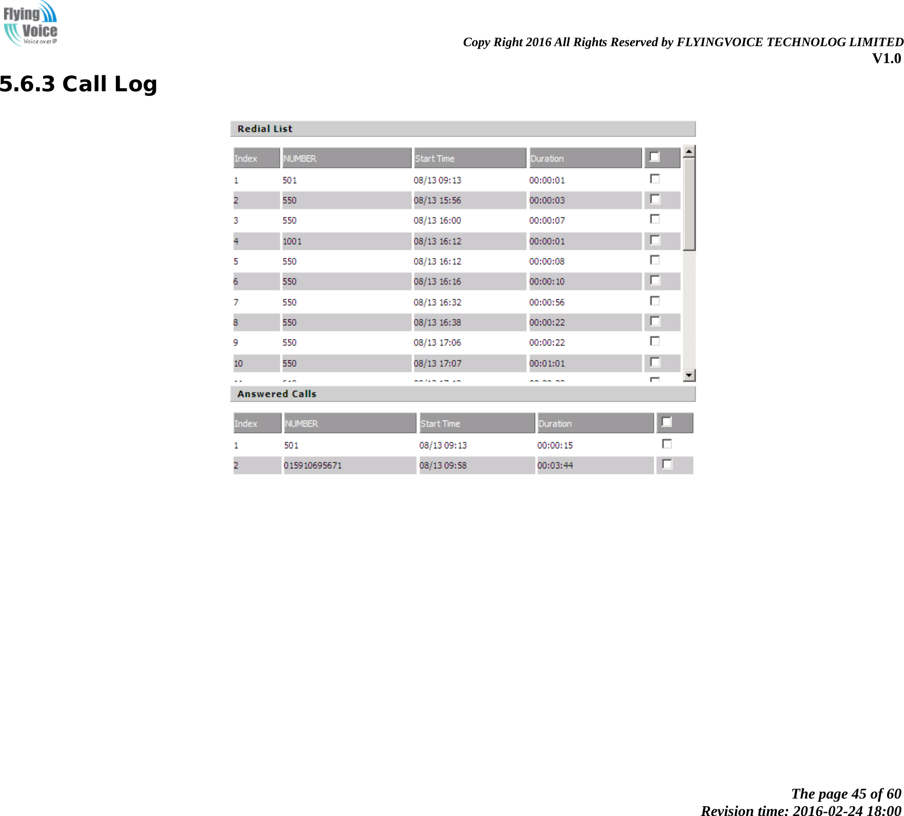                                                                Copy Right 2016 All Rights Reserved by FLYINGVOICE TECHNOLOG LIMITED V1.0 The page 45 of 60 Revision time: 2016-02-24 18:00    5.6.3 Call Log   