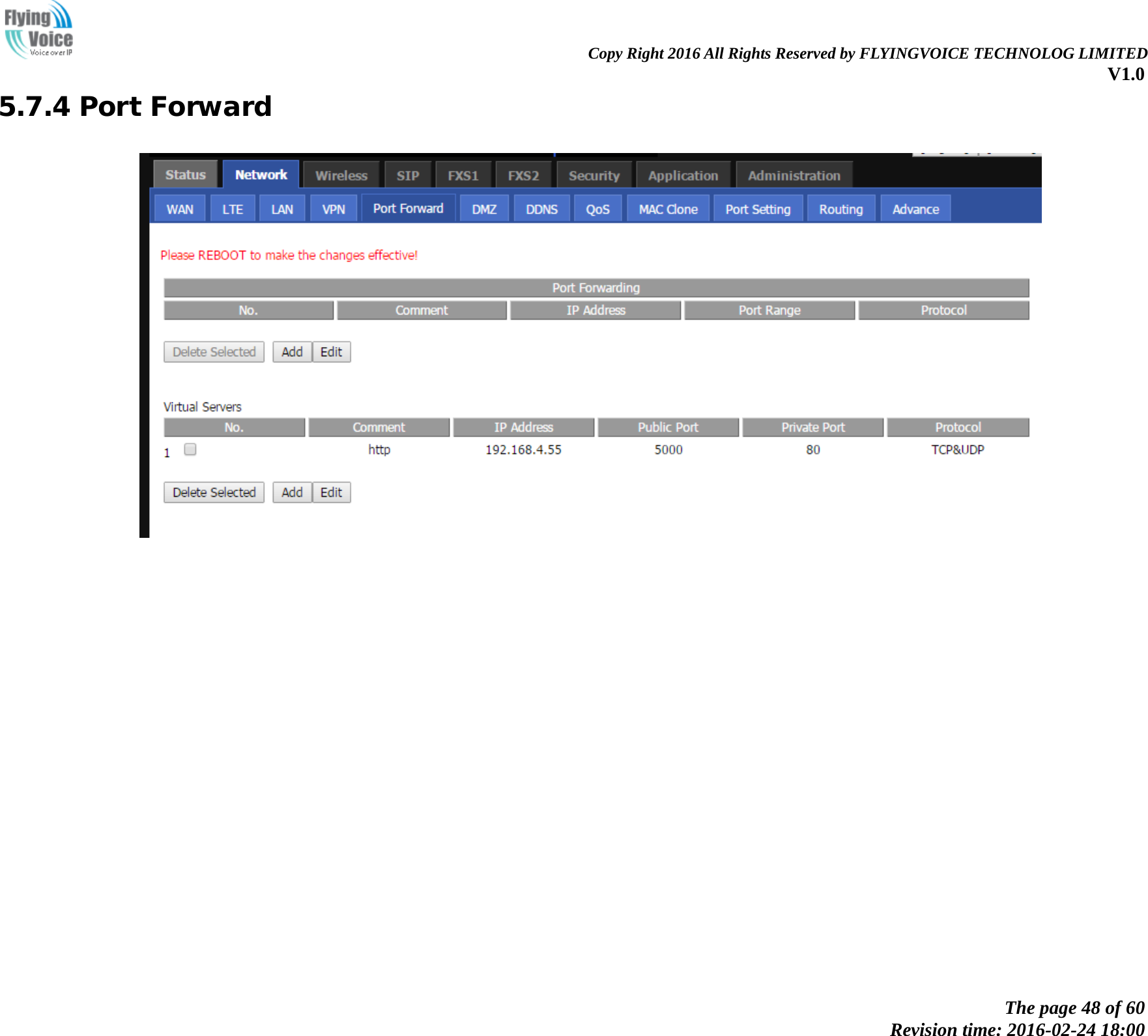                                                               Copy Right 2016 All Rights Reserved by FLYINGVOICE TECHNOLOG LIMITED V1.0 The page 48 of 60 Revision time: 2016-02-24 18:00    5.7.4 Port Forward  