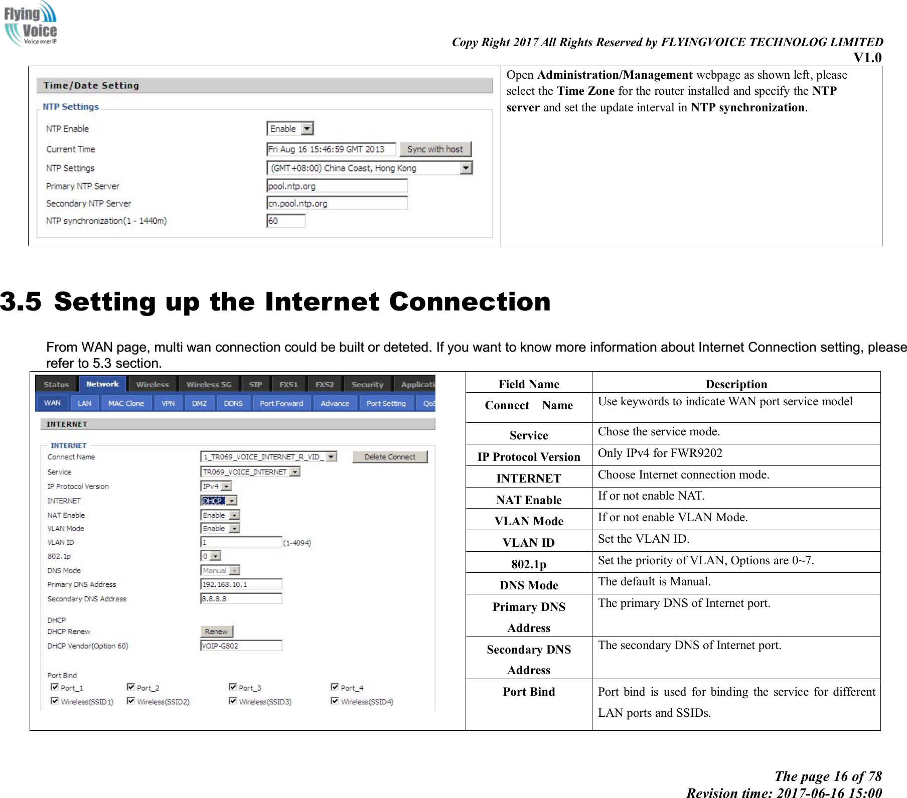 Copy Right 2017 All Rights Reserved by FLYINGVOICE TECHNOLOG LIMITEDV1.0The page 16 of 78Revision time: 2017-06-16 15:00Open Administration/Management webpage as shown left, pleaseselect the Time Zone for the router installed and specify the NTPserver and set the update interval in NTP synchronization.3.5 Setting up the Internet ConnectionFromFrom WANWAN page,page, multimulti wanwan connectionconnection couldcould bebe builtbuilt oror deteted.deteted. IfIf youyou wantwant toto knowknow moremore informationinformation aboutabout InternetInternet ConnectionConnection setting,setting, pleasepleasereferrefer toto 5.35.3 section.section.Field NameDescriptionConnect NameUse keywords to indicate WAN port service modelServiceChose the service mode.IP Protocol VersionOnly IPv4 for FWR9202INTERNETChoose Internet connection mode.NAT EnableIf or not enable NAT.VLAN ModeIf or not enable VLAN Mode.VLAN IDSet the VLAN ID.802.1pSet the priority of VLAN, Options are 0~7.DNS ModeThe default is Manual.Primary DNSAddressThe primary DNS of Internet port.Secondary DNSAddressThe secondary DNS of Internet port.Port BindPort bind is used for binding the service for differentLAN ports and SSIDs.