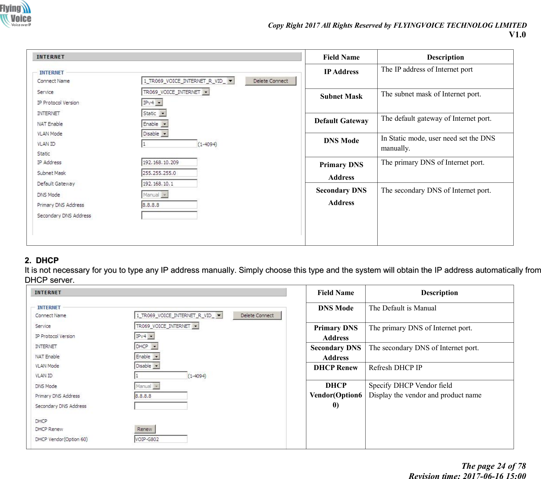 Copy Right 2017 All Rights Reserved by FLYINGVOICE TECHNOLOG LIMITEDV1.0The page 24 of 78Revision time: 2017-06-16 15:00Field NameDescriptionIP AddressThe IP address of Internet portSubnet MaskThe subnet mask of Internet port.Default GatewayThe default gateway of Internet port.DNS ModeIn Static mode, user need set the DNSmanually.Primary DNSAddressThe primary DNS of Internet port.Secondary DNSAddressThe secondary DNS of Internet port.2.2. DHCPDHCPItIt isis notnot necessarynecessary forfor youyou toto typetype anyany IPIP addressaddress manually.manually. SimplySimply choosechoose thisthis typetype andand thethe systemsystem willwill obtainobtain thethe IPIP addressaddress automaticallyautomatically fromfromDHCPDHCP server.server.Field NameDescriptionDNS ModeThe Default is ManualPrimary DNSAddressThe primary DNS of Internet port.Secondary DNSAddressThe secondary DNS of Internet port.DHCP RenewRefresh DHCP IPDHCPVendor(Option60)Specify DHCP Vendor fieldDisplay the vendor and product name