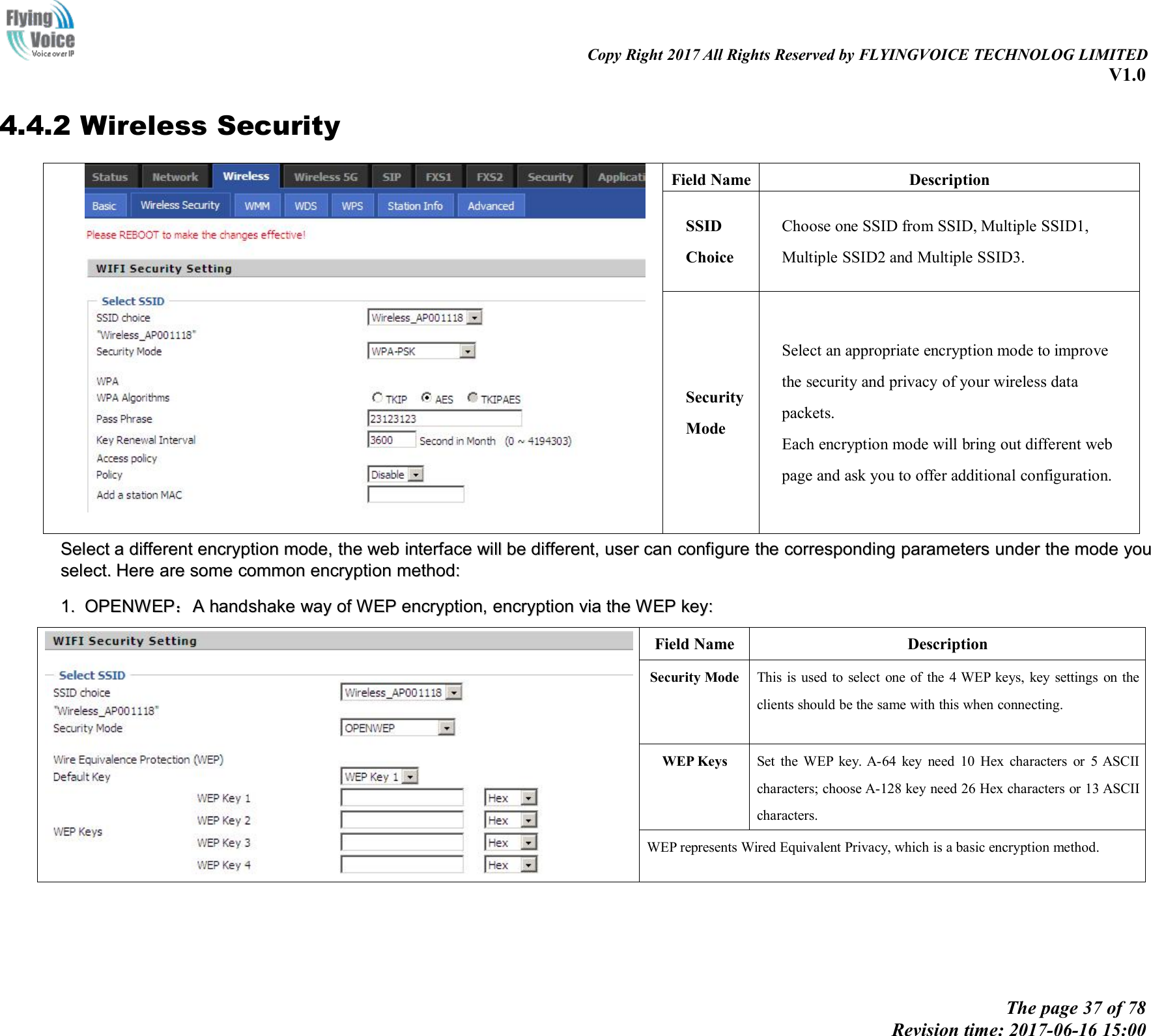 Copy Right 2017 All Rights Reserved by FLYINGVOICE TECHNOLOG LIMITEDV1.0The page 37 of 78Revision time: 2017-06-16 15:004.4.2 Wireless SecurityField NameDescriptionSSIDChoiceChoose one SSID from SSID, Multiple SSID1,Multiple SSID2 and Multiple SSID3.SecurityModeSelect an appropriate encryption mode to improvethe security and privacy of your wireless datapackets.Each encryption mode will bring out different webpage and ask you to offer additional configuration.SSelectelect aadifferentdifferent encryptionencryption mode,mode, thethe webweb interfaceinterface willwill bebe different,different, useruser cancan configureconfigure thethe correspondingcorresponding parametersparameters underunder thethe modemode youyouselect.select. HereHere areare somesome commoncommon encryptionencryption method:method:1.1. OPENWEPOPENWEP：：AAhandshakehandshake wayway ofof WEPWEP encryption,encryption, encryptionencryption viavia thethe WEPWEP key:key:Field NameDescriptionSecurity ModeThis is used to select one of the 4 WEP keys, key settings on theclients should be the same with this when connecting.WEP KeysSet the WEP key. A-64 key need 10 Hex characters or 5 ASCIIcharacters; choose A-128 key need 26 Hex characters or 13 ASCIIcharacters.WEP represents Wired Equivalent Privacy, which is a basic encryption method.