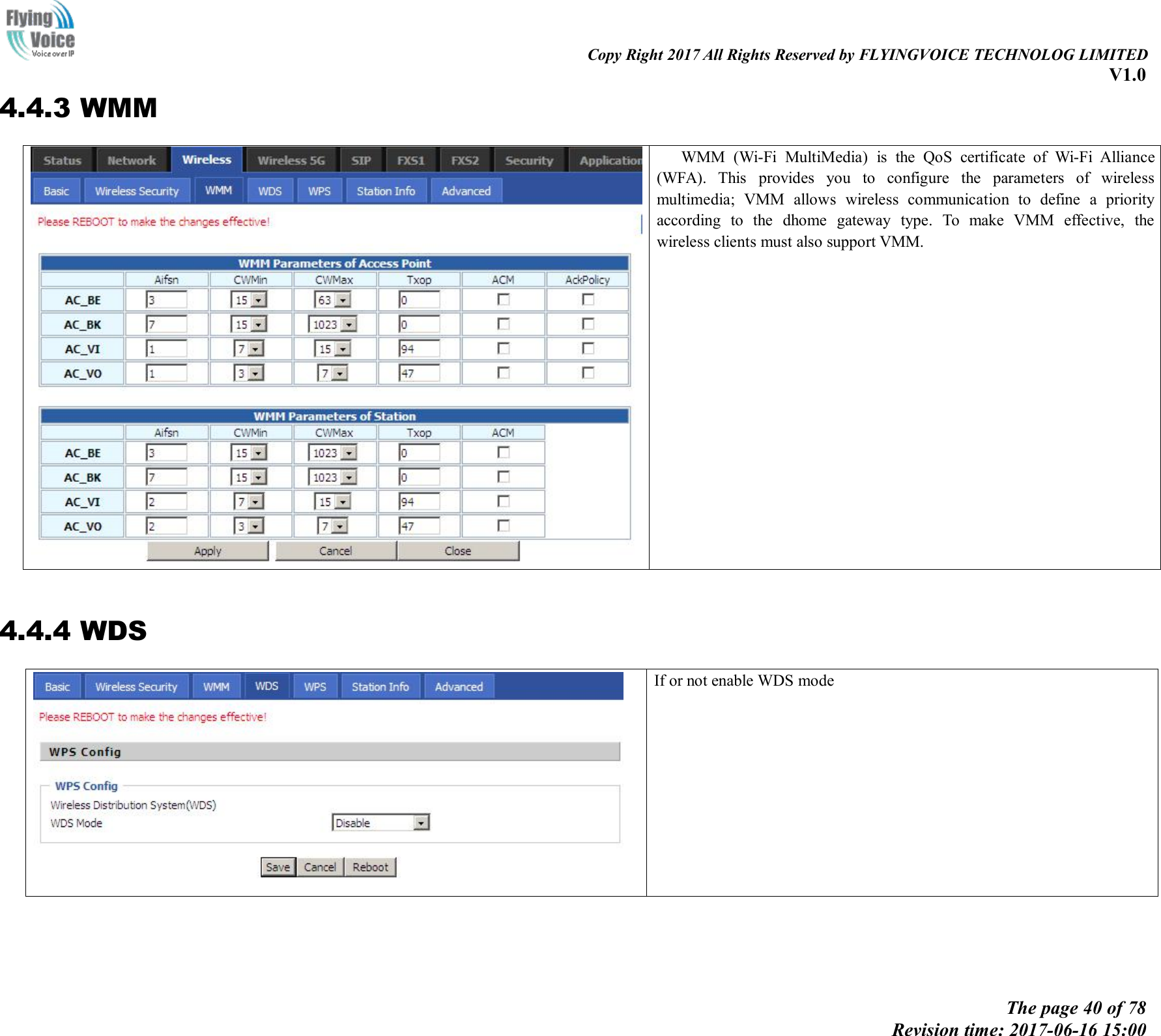 Copy Right 2017 All Rights Reserved by FLYINGVOICE TECHNOLOG LIMITEDV1.0The page 40 of 78Revision time: 2017-06-16 15:004.4.3 WMMWMM (Wi-Fi MultiMedia) is the QoS certificate of Wi-Fi Alliance(WFA). This provides you to configure the parameters of wirelessmultimedia; VMM allows wireless communication to define a priorityaccording to the dhome gateway type. To make VMM effective, thewireless clients must also support VMM.4.4.4 WDSIf or not enable WDS mode