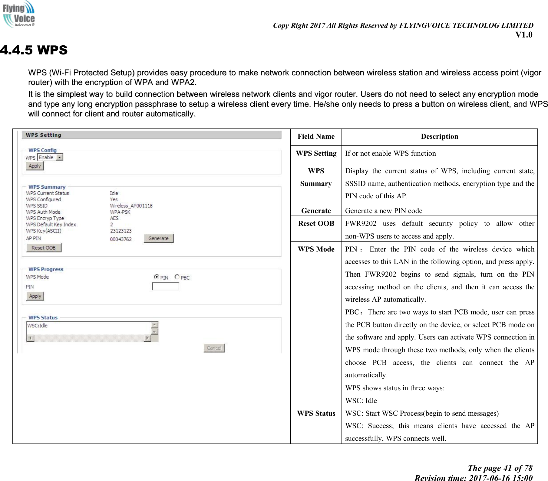Copy Right 2017 All Rights Reserved by FLYINGVOICE TECHNOLOG LIMITEDV1.0The page 41 of 78Revision time: 2017-06-16 15:004.4.5 WPSWPSWPS (Wi-Fi(Wi-Fi ProtectedProtected Setup)Setup) providesprovides easyeasy procedureprocedure toto makemake networknetwork connectionconnection betweenbetween wirelesswireless stationstation andand wirelesswireless accessaccess pointpoint (vigor(vigorrouter)router) withwith thethe encryptionencryption ofof WPAWPA andand WPA2.WPA2.ItIt isis thethe simplestsimplest wayway toto buildbuild connectionconnection betweenbetween wirelesswireless networknetwork clientsclients andand vigorvigor router.router. UsersUsers dodo notnot needneed toto selectselect anyany encryptionencryption modemodeandand typetype anyany longlong encryptionencryption passphrasepassphrase toto setupsetup aawirelesswireless clientclient everyevery time.time. He/sheHe/she onlyonly needsneeds toto presspress aabuttonbutton onon wirelesswireless client,client, andand WPSWPSwillwill connectconnect forfor clientclient andand routerrouter automatically.automatically.Field NameDescriptionWPS SettingIf or not enable WPS functionWPSSummaryDisplay the current status of WPS, including current state,SSSID name, authentication methods, encryption type and thePIN code of this AP.GenerateGenerate a new PIN codeReset OOBFWR9202 uses default security policy to allow othernon-WPS users to access and apply.WPS ModePIN ：Enter the PIN code of the wireless device whichaccesses to this LAN in the following option, and press apply.Then FWR9202 begins to send signals, turn on the PINaccessing method on the clients, and then it can access thewireless AP automatically.PBC：There are two ways to start PCB mode, user can pressthe PCB button directly on the device, or select PCB mode onthe software and apply. Users can activate WPS connection inWPS mode through these two methods, only when the clientschoose PCB access, the clients can connect the APautomatically.WPS StatusWPS shows status in three ways:WSC: IdleWSC: Start WSC Process(begin to send messages)WSC: Success; this means clients have accessed the APsuccessfully, WPS connects well.