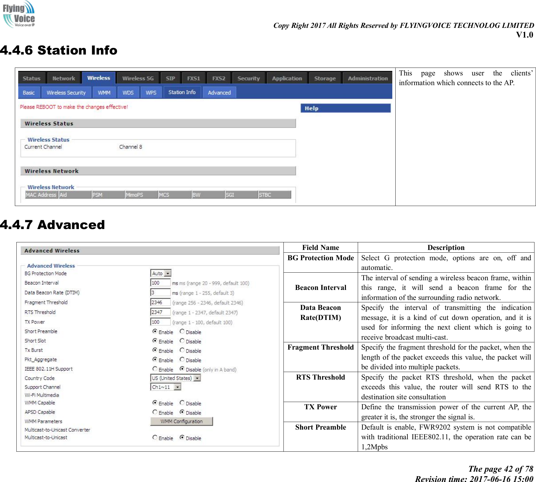 Copy Right 2017 All Rights Reserved by FLYINGVOICE TECHNOLOG LIMITEDV1.0The page 42 of 78Revision time: 2017-06-16 15:004.4.6 Station InfoThis page shows user the clients&rsquo;information which connects to the AP.4.4.7 AdvancedField NameDescriptionBG Protection ModeSelect G protection mode, options are on, off andautomatic.Beacon IntervalThe interval of sending a wireless beacon frame, withinthis range, it will send a beacon frame for theinformation of the surrounding radio network.Data BeaconRate(DTIM)Specify the interval of transmitting the indicationmessage, it is a kind of cut down operation, and it isused for informing the next client which is going toreceive broadcast multi-cast.Fragment ThresholdSpecify the fragment threshold for the packet, when thelength of the packet exceeds this value, the packet willbe divided into multiple packets.RTS ThresholdSpecify the packet RTS threshold, when the packetexceeds this value, the router will send RTS to thedestination site consultationTX PowerDefine the transmission power of the current AP, thegreater it is, the stronger the signal is.Short PreambleDefault is enable, FWR9202 system is not compatiblewith traditional IEEE802.11, the operation rate can be1,2Mpbs