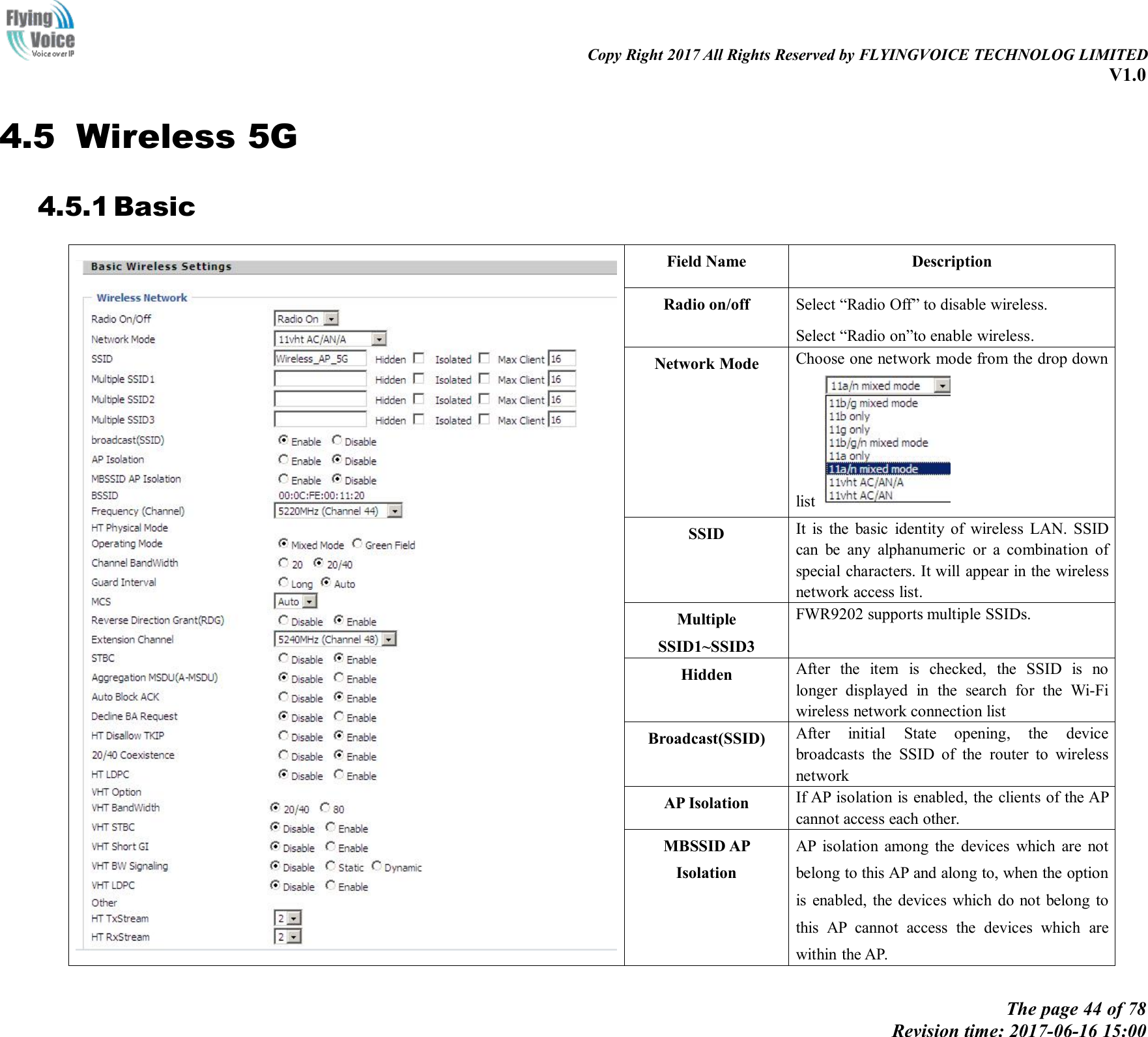 Copy Right 2017 All Rights Reserved by FLYINGVOICE TECHNOLOG LIMITEDV1.0The page 44 of 78Revision time: 2017-06-16 15:004.5 Wireless 5G4.5.1 BasicField NameDescriptionRadio on/offSelect &ldquo;Radio Off&rdquo; to disable wireless.Select &ldquo;Radio on&rdquo;to enable wireless.Network ModeChoose one network mode from the drop downlistSSIDIt is the basic identity of wireless LAN. SSIDcan be any alphanumeric or a combination ofspecial characters. It will appear in the wirelessnetwork access list.MultipleSSID1~SSID3FWR9202 supports multiple SSIDs.HiddenAfter the item is checked, the SSID is nolonger displayed in the search for the Wi-Fiwireless network connection listBroadcast(SSID)After initial State opening, the devicebroadcasts the SSID of the router to wirelessnetworkAP IsolationIf AP isolation is enabled, the clients of the APcannot access each other.MBSSID APIsolationAP isolation among the devices which are notbelong to this AP and along to, when the optionis enabled, the devices which do not belong tothis AP cannot access the devices which arewithin the AP.