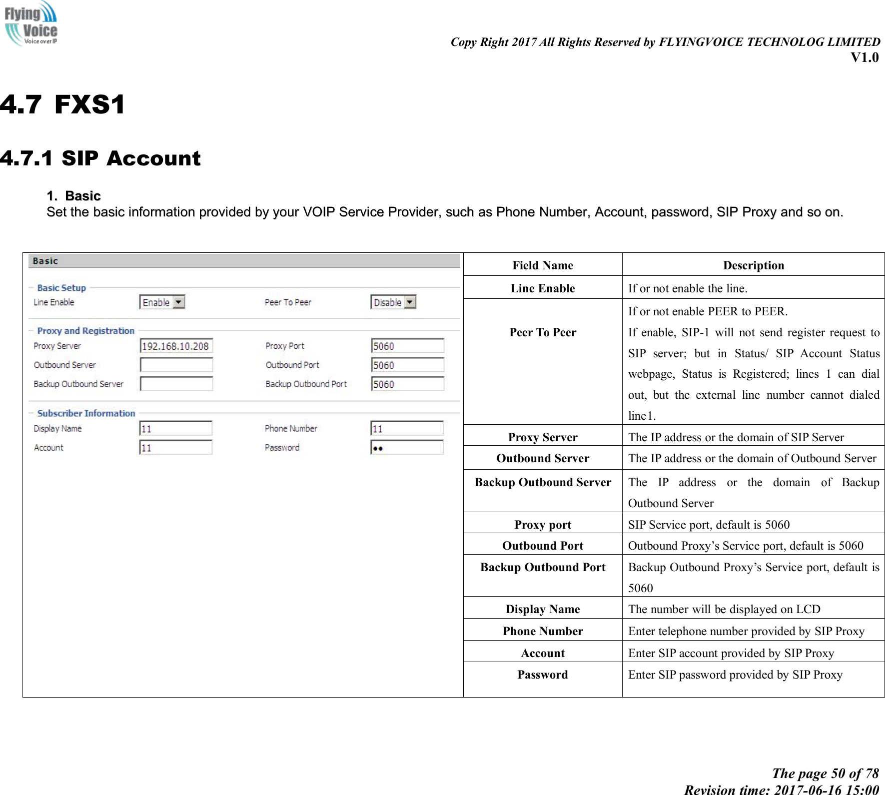 Copy Right 2017 All Rights Reserved by FLYINGVOICE TECHNOLOG LIMITEDV1.0The page 50 of 78Revision time: 2017-06-16 15:004.7 FXS14.7.1 SIP Account1.1. BasicBasicSetSet thethe basicbasic informationinformation providedprovided byby youryour VOIPVOIP ServiceService Provider,Provider, suchsuch asas PhonePhone Number,Number, Account,Account, password,password, SIPSIP ProxyProxy andand soso on.on.Field NameDescriptionLine EnableIf or not enable the line.Peer To PeerIf or not enable PEER to PEER.If enable, SIP-1 will not send register request toSIP server; but in Status/ SIP Account Statuswebpage, Status is Registered; lines 1 can dialout, but the external line number cannot dialedline1.Proxy ServerThe IP address or the domain of SIP ServerOutbound ServerThe IP address or the domain of Outbound ServerBackup Outbound ServerThe IP address or the domain of BackupOutbound ServerProxy portSIP Service port, default is 5060Outbound PortOutbound Proxy&rsquo;s Service port, default is 5060Backup Outbound PortBackup Outbound Proxy&rsquo;s Service port, default is5060Display NameThe number will be displayed on LCDPhone NumberEnter telephone number provided by SIP ProxyAccountEnter SIP account provided by SIP ProxyPasswordEnter SIP password provided by SIP Proxy