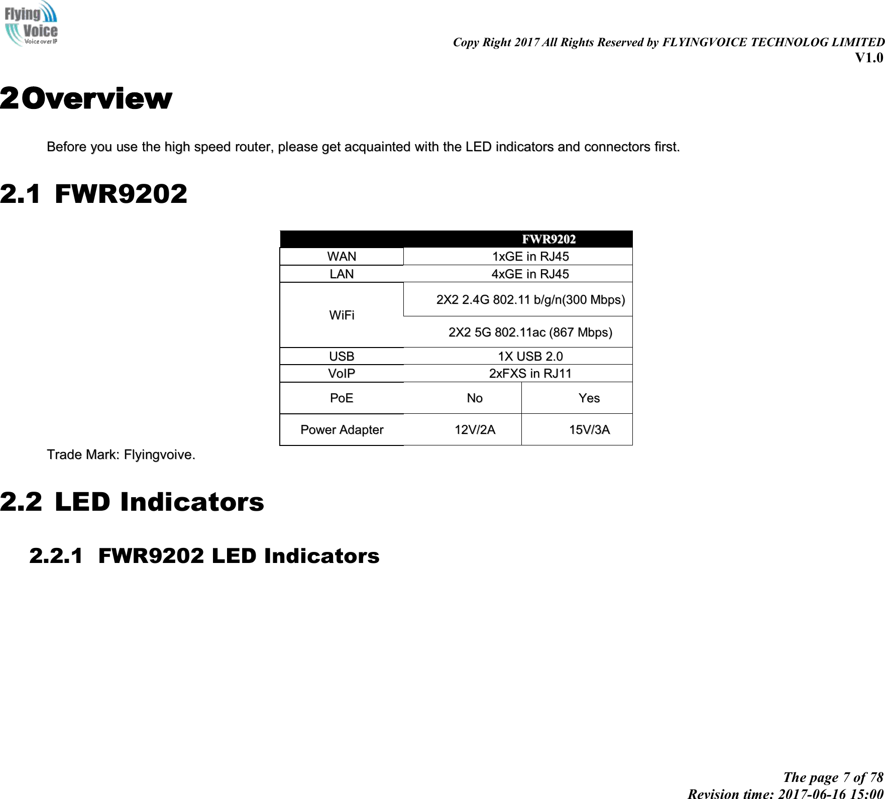 Copy Right 2017 All Rights Reserved by FLYINGVOICE TECHNOLOG LIMITEDV1.0The page 7 of 78Revision time: 2017-06-16 15:002OverviewBeforeBefore youyou useuse thethe highhigh speedspeed router,router, pleaseplease getget acquaintedacquainted withwith thethe LEDLED indicatorsindicators andand connectorsconnectors first.first.2.1 FWR9202FWR9202FWR9202WANWAN1xGE1xGE inin RJ45RJ45LANLAN4xGE4xGE inin RJ45RJ45WiFiWiFi2X22X2 2.4G2.4G 802.11802.11 b/g/n(300b/g/n(300 Mbps)Mbps)2X22X2 5G5G 802.11ac802.11ac (867(867 Mbps)Mbps)USBUSB1X1X USBUSB 2.02.0VoIPVoIP2xFXS2xFXS inin RJ11RJ11PoEPoENoNoYesYesPowerPower AdapterAdapter12V/2A12V/2A15V/3A15V/3ATradeTrade Mark:Mark: FlyingvoiveFlyingvoive..2.2 LED Indicators2.2.1 FWR9202 LED Indicators