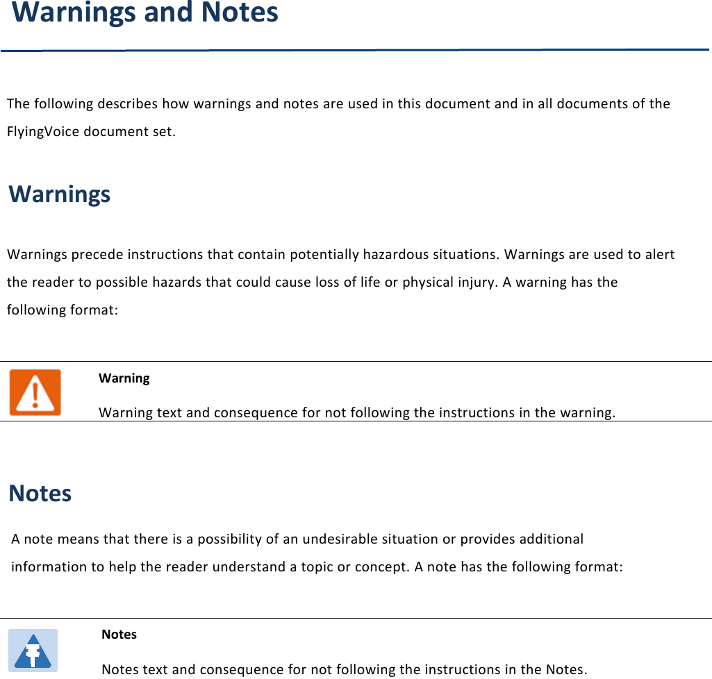 About This User ManualWarnings and NotesThe following describes how warnings and notes are used in this document and in all documents of theFlyingVoice document set.WarningsWarnings precede instructions that contain potentially hazardous situations. Warnings are used to alertthe reader to possible hazards that could cause loss of life or physical injury. A warning has thefollowing format:WarningWarning text and consequence for not following the instructions in the warning.NotesA note means that there is a possibility of an undesirable situation or provides additionalinformation to help the reader understand a topic or concept. A note has the following format:NotesNotes text and consequence for not following the instructions in the Notes.