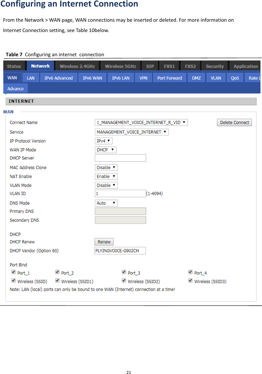 Chapter 2 Basic Settings21Configuring an Internet ConnectionFrom the Network > WAN page, WAN connections may be inserted or deleted. For more information onInternet Connection setting, see Table 10below.Table 7 Configuring an internet connection