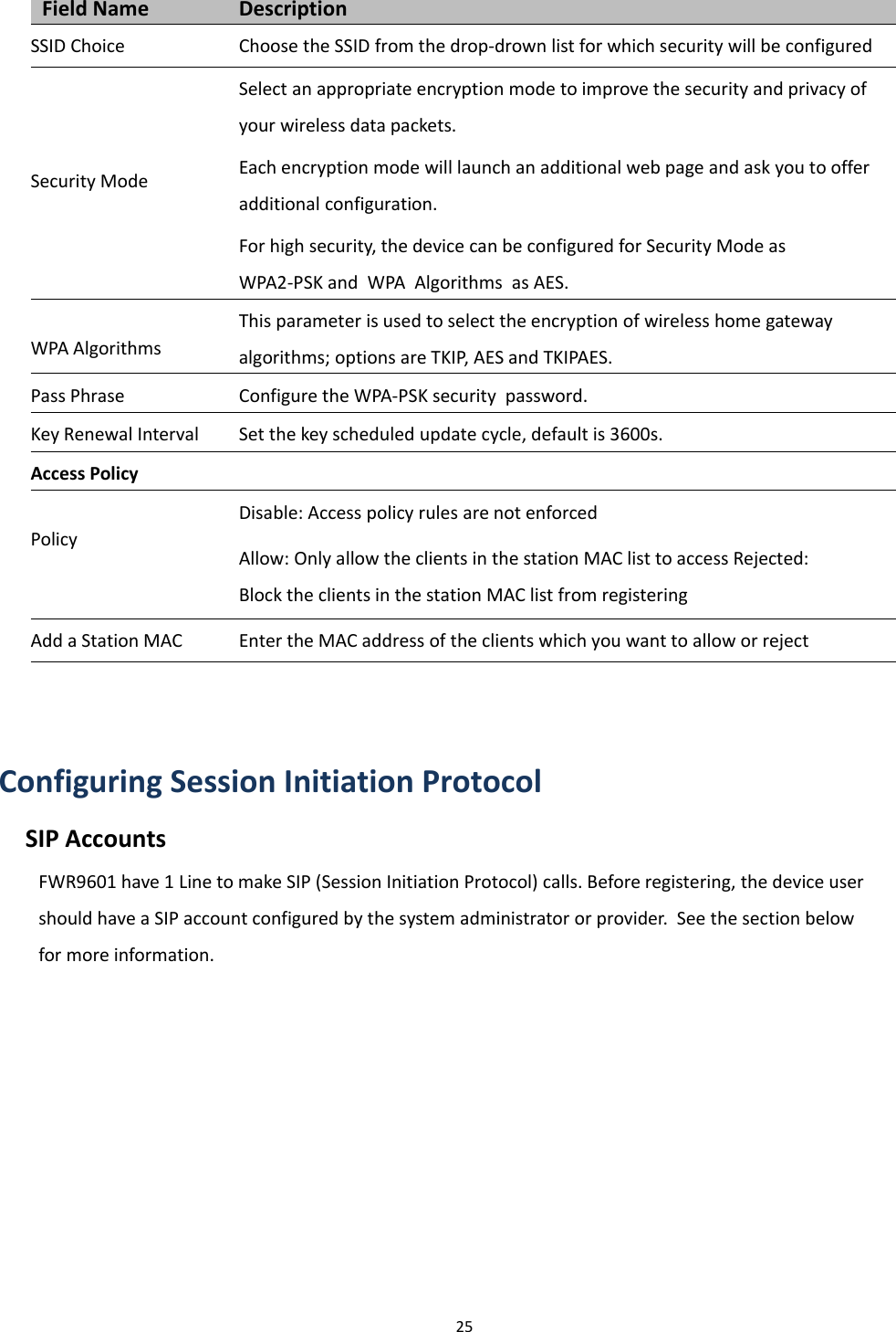 Chapter 2 Basic Settings25Configuring Session Initiation ProtocolSIP AccountsFWR9601 have 1 Line to make SIP (Session Initiation Protocol) calls. Before registering, the device usershould have a SIP account configured by the system administrator or provider. See the section belowfor more information.Field Name DescriptionSSID Choice Choose the SSID from the drop-drown list for which security will be configuredSecurity ModeSelect an appropriate encryption mode to improve the security and privacy ofyour wireless data packets.Each encryption mode will launch an additional web page and ask you to offeradditional configuration.For high security, the device can be configured for Security Mode asWPA2-PSK and WPA Algorithms as AES.WPA AlgorithmsThis parameter is used to select the encryption of wireless home gatewayalgorithms; options are TKIP, AES and TKIPAES.Pass Phrase Configure the WPA-PSK security password.Key Renewal Interval Set the key scheduled update cycle, default is 3600s.Access PolicyPolicyDisable: Access policy rules are not enforcedAllow: Only allow the clients in the station MAC list to access Rejected:Block the clients in the station MAC list from registeringAdd a Station MAC Enter the MAC address of the clients which you want to allow or reject