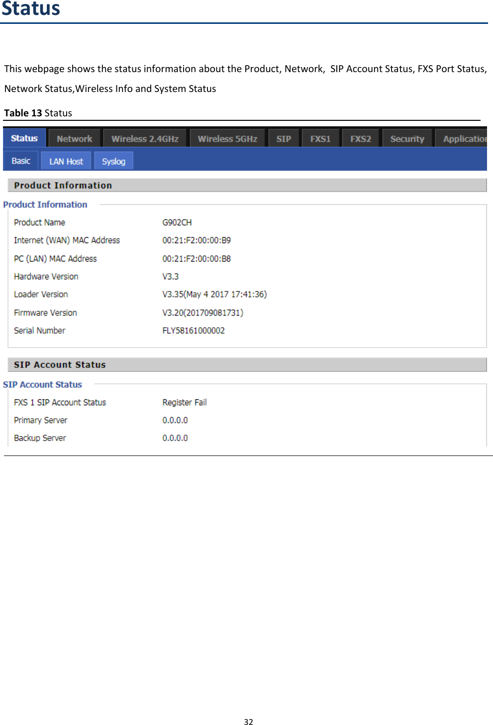 Chapter 3 Web Interface32StatusThis webpage shows the status information about the Product, Network, SIP Account Status, FXS Port Status,Network Status,Wireless Info and System StatusTable 13 Status