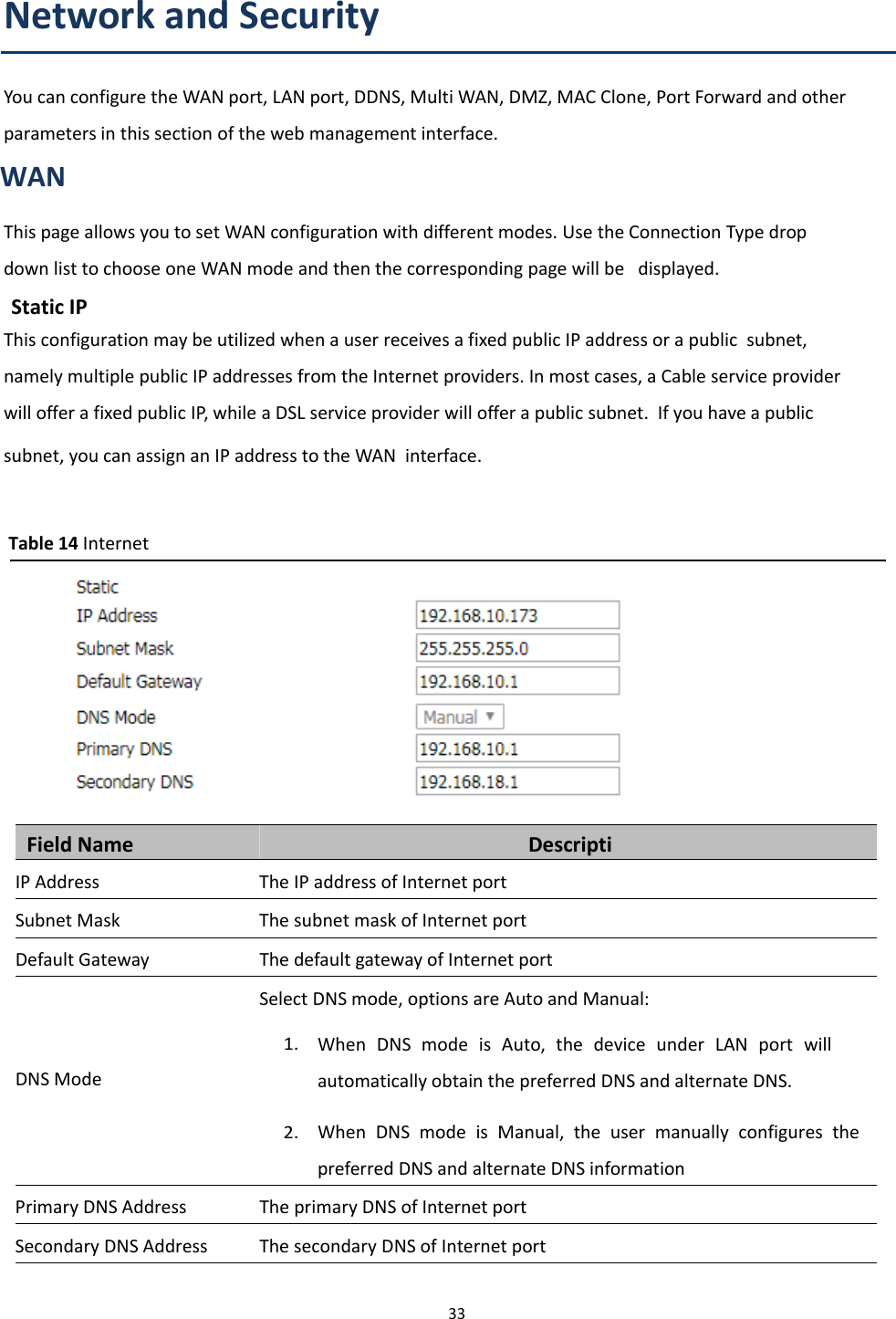 Chapter 3 Web Interface33Network and SecurityYou can configure the WAN port, LAN port, DDNS, Multi WAN, DMZ, MAC Clone, Port Forward and otherparameters in this section of the web management interface.WANThis page allows you to set WAN configuration with different modes. Use the Connection Type dropdown list to choose one WAN mode and then the corresponding page will be displayed.Static IPThis configuration may be utilized when a user receives a fixed public IP address or a public subnet,namely multiple public IP addresses from the Internet providers. In most cases, a Cable service providerwill offer a fixed public IP, while a DSL service provider will offer a public subnet. If you have a publicsubnet, you can assign an IP address to the WAN interface.Table 14 InternetField Name DescriptiIP Address The IP address of Internet portSubnet Mask The subnet mask of Internet portDefault Gateway The default gateway of Internet portDNS ModeSelect DNS mode, options are Auto and Manual:1.When DNS mode is Auto, the device under LAN port willautomatically obtain the preferred DNS and alternate DNS.2.When DNS mode is Manual, the user manually configures thepreferred DNS and alternate DNS informationPrimary DNS Address The primary DNS of Internet portSecondary DNS Address The secondary DNS of Internet port