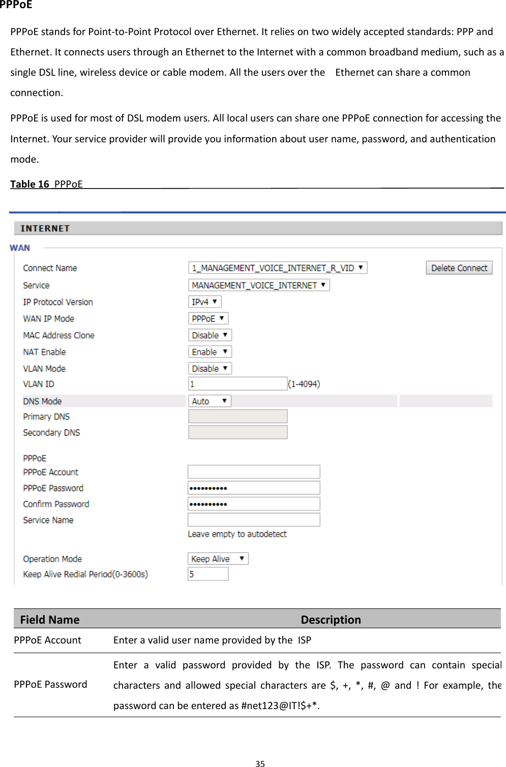 Chapter 3 Web Interface35PPPoEPPPoE stands for Point-to-Point Protocol over Ethernet. It relies on two widely accepted standards: PPP andEthernet. It connects users through an Ethernet to the Internet with a common broadband medium, such as asingle DSL line, wireless device or cable modem. All the users over the Ethernet can share a commonconnection.PPPoE is used for most of DSL modem users. All local users can share one PPPoE connection for accessing theInternet. Your service provider will provide you information about user name, password, and authenticationmode.Table 16 PPPoEField Name DescriptionPPPoE Account Enter a valid user name provided by the ISPPPPoE PasswordEnter a valid password provided by the ISP. The password can contain specialcharacters and allowed special characters are $, +, *, #, @ and ! For example, thepassword can be entered as #net123@IT!$+*.