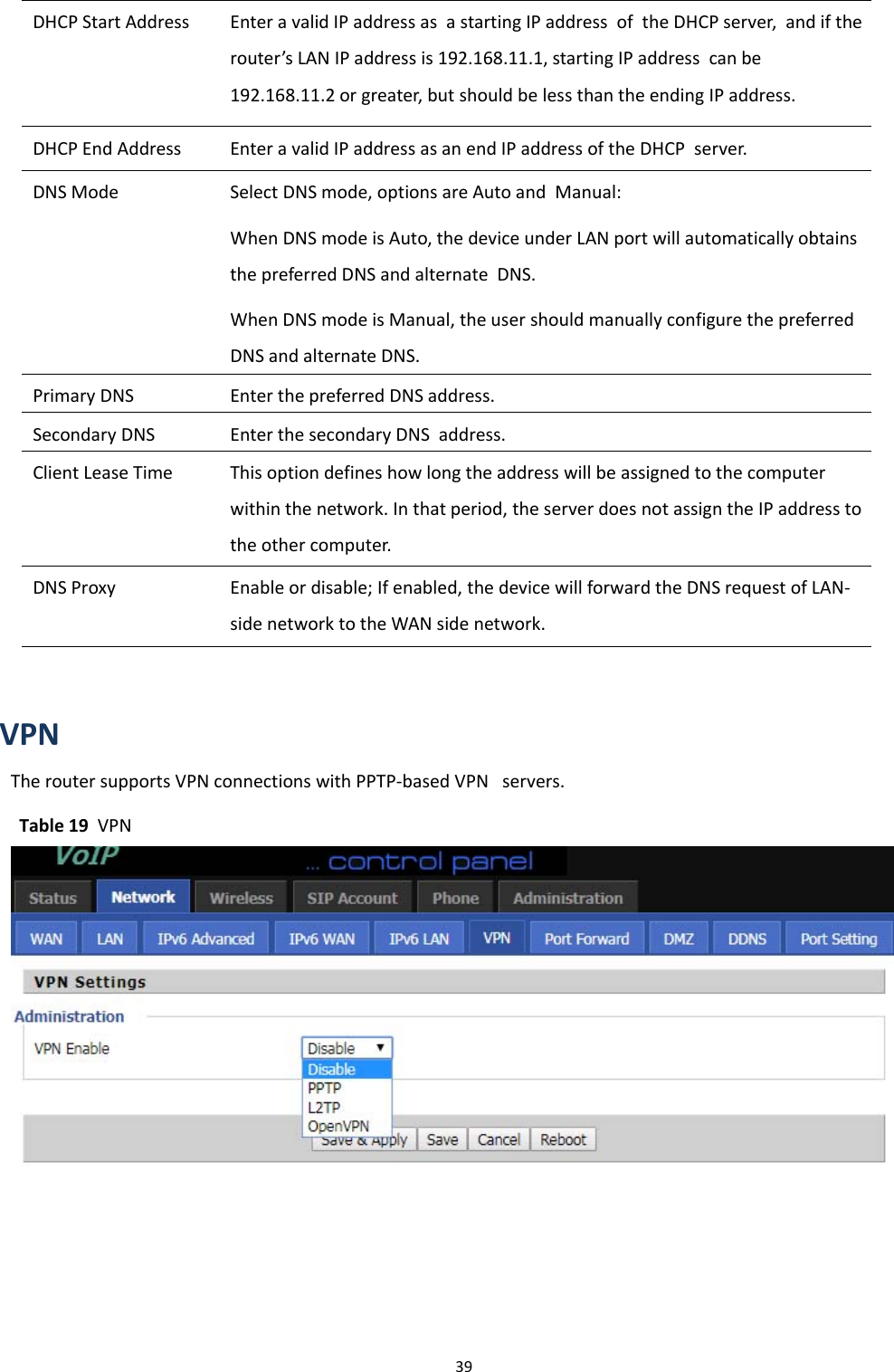 Chapter 3 Web Interface39DHCP Start Address Enter a valid IP address as a starting IP address of the DHCP server, and if therouter&rsquo;s LAN IP address is 192.168.11.1, starting IP address can be192.168.11.2 or greater, but should be less than the ending IP address.DHCP End Address Enter a valid IP address as an end IP address of the DHCP server.DNS Mode Select DNS mode, options are Auto and Manual:When DNS mode is Auto, the device under LAN port will automatically obtainsthe preferred DNS and alternate DNS.When DNS mode is Manual, the user should manually configure the preferredDNS and alternate DNS.Primary DNS Enter the preferred DNS address.Secondary DNS Enter the secondary DNS address.Client Lease Time This option defines how long the address will be assigned to the computerwithin the network. In that period, the server does not assign the IP address tothe other computer.DNS Proxy Enable or disable; If enabled, the device will forward the DNS request of LAN-side network to the WAN side network.VPNThe router supports VPN connections with PPTP-based VPN servers.Table 19 VPN