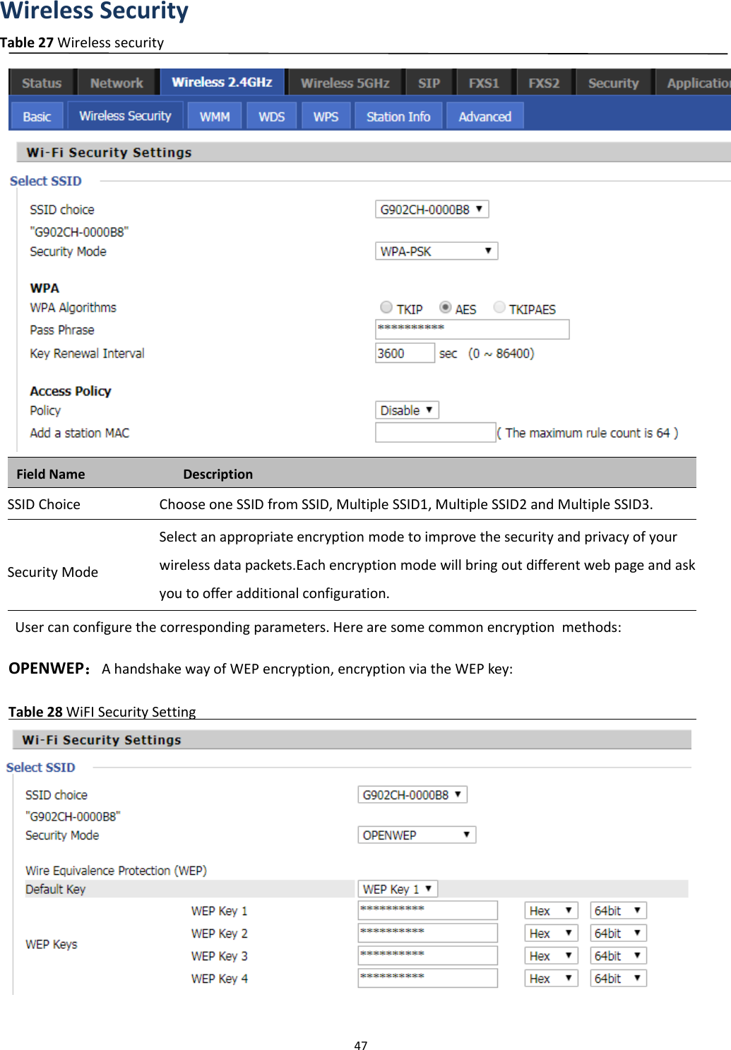 Chapter 3 Web Interface47Wireless SecurityTable 27 Wireless securityField Name DescriptionSSID Choice Choose one SSID from SSID, Multiple SSID1, Multiple SSID2 and Multiple SSID3.Security ModeSelect an appropriate encryption mode to improve the security and privacy of yourwireless data packets.Each encryption mode will bring out different web page and askyou to offer additional configuration.User can configure the corresponding parameters. Here are some common encryption methods:OPENWEP：A handshake way of WEP encryption, encryption via the WEP key:Table 28 WiFI Security Setting