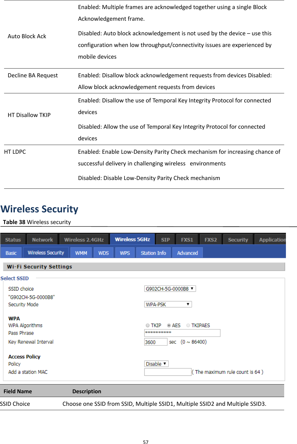 Chapter 3 Web Interface57Auto Block AckEnabled: Multiple frames are acknowledged together using a single BlockAcknowledgement frame.Disabled: Auto block acknowledgement is not used by the device &ndash; use thisconfiguration when low throughput/connectivity issues are experienced bymobile devicesDecline BA Request Enabled: Disallow block acknowledgement requests from devices Disabled:Allow block acknowledgement requests from devicesHT Disallow TKIPEnabled: Disallow the use of Temporal Key Integrity Protocol for connecteddevicesDisabled: Allow the use of Temporal Key Integrity Protocol for connecteddevicesHT LDPC Enabled: Enable Low-Density Parity Check mechanism for increasing chance ofsuccessful delivery in challenging wireless environmentsDisabled: Disable Low-Density Parity Check mechanismWireless SecurityTable 38 Wireless securityField Name DescriptionSSID Choice Choose one SSID from SSID, Multiple SSID1, Multiple SSID2 and Multiple SSID3.