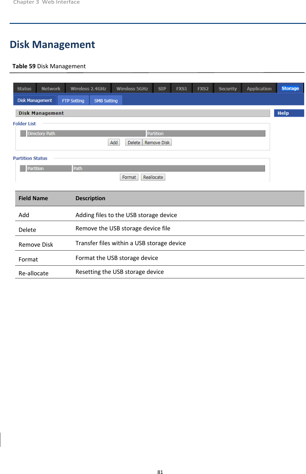 Chapter 3 Web Interface81Disk ManagementTable 59 Disk ManagementField Name DescriptionAdd Adding files to the USB storage deviceDelete Remove the USB storage device fileRemove Disk Transfer files within a USB storage deviceFormat Format the USB storage deviceRe-allocate Resetting the USB storage device