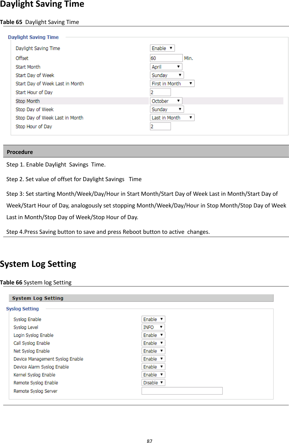 Chapter 3 Web Interface87Daylight Saving TimeTable 65 Daylight Saving TimeProcedureStep 1. Enable Daylight Savings Time.Step 2. Set value of offset for Daylight Savings TimeStep 3: Set starting Month/Week/Day/Hour in Start Month/Start Day of Week Last in Month/Start Day ofWeek/Start Hour of Day, analogously set stopping Month/Week/Day/Hour in Stop Month/Stop Day of WeekLast in Month/Stop Day of Week/Stop Hour of Day.Step 4.Press Saving button to save and press Reboot button to active changes.System Log SettingTable 66 System log Setting